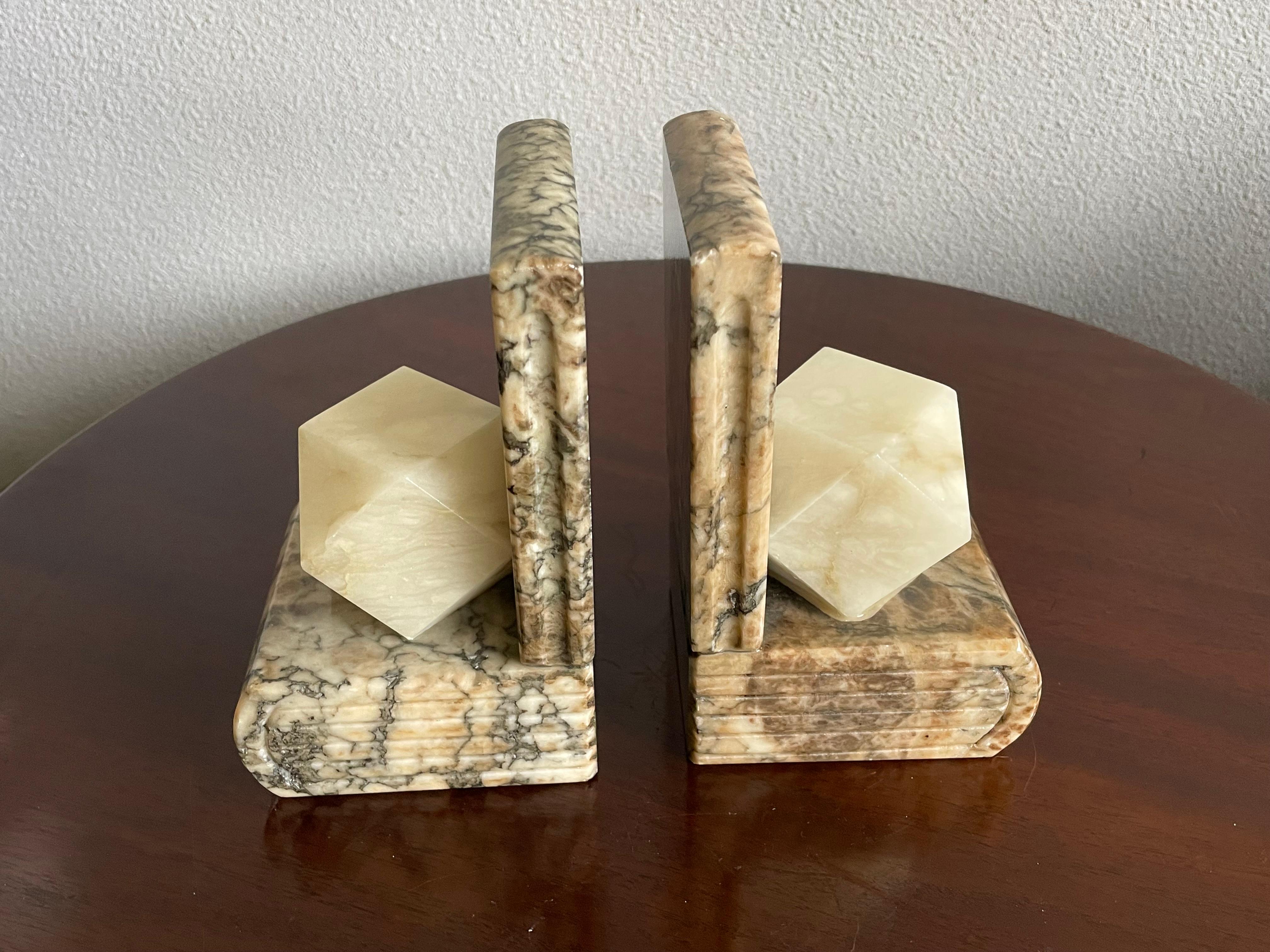 Hand-Carved Midcentury Hand Carved Alabaster Bookends w. Science like Geometrical Element For Sale