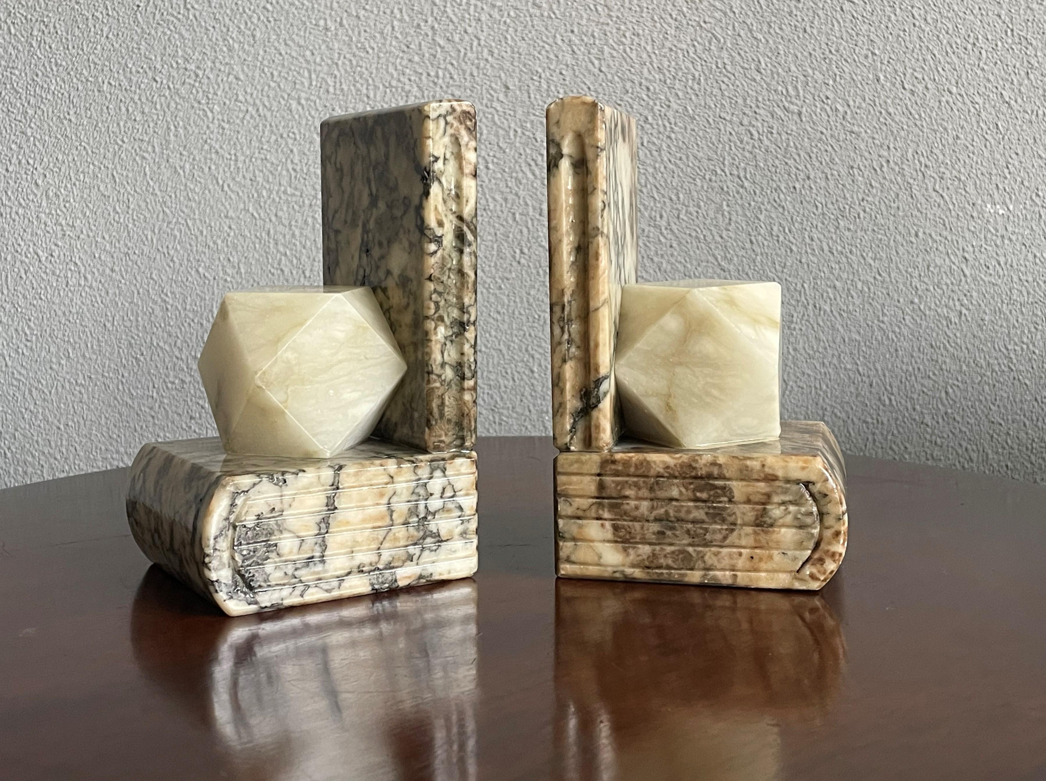 Midcentury Hand Carved Alabaster Bookends w. Science like Geometrical Element For Sale 1