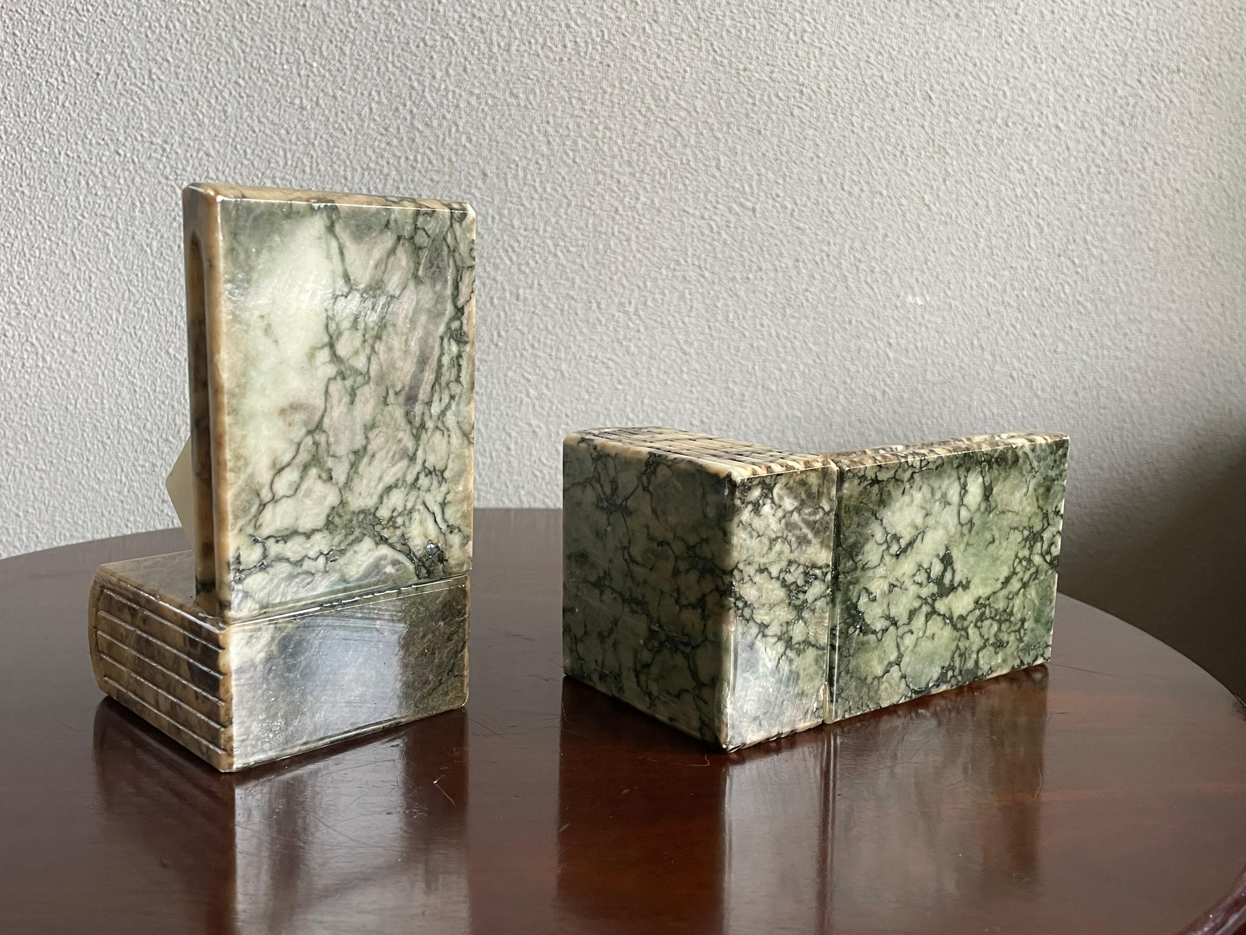 Midcentury Hand Carved Alabaster Bookends w. Science like Geometrical Element For Sale 2