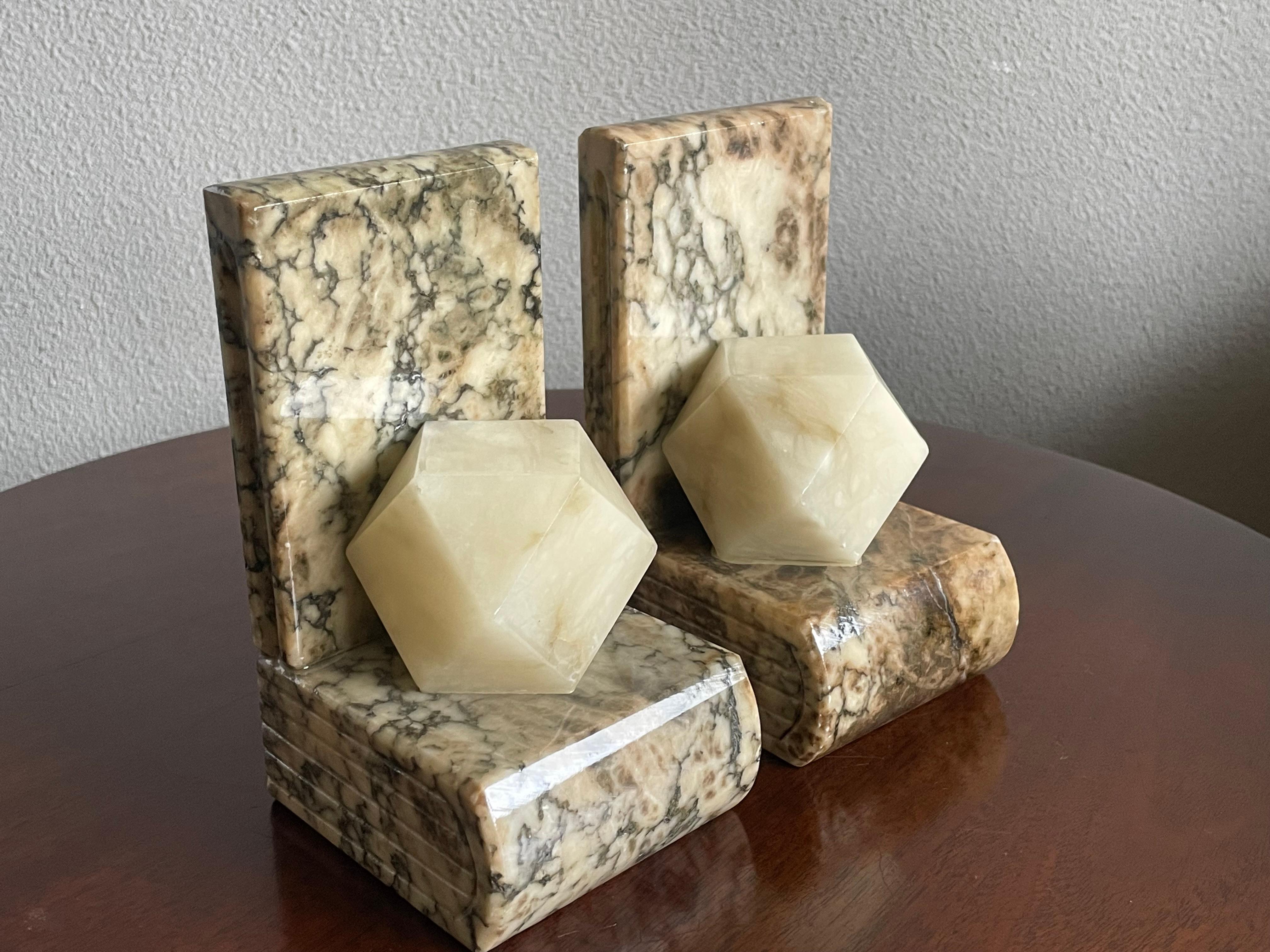 Midcentury Hand Carved Alabaster Bookends w. Science like Geometrical Element For Sale 5