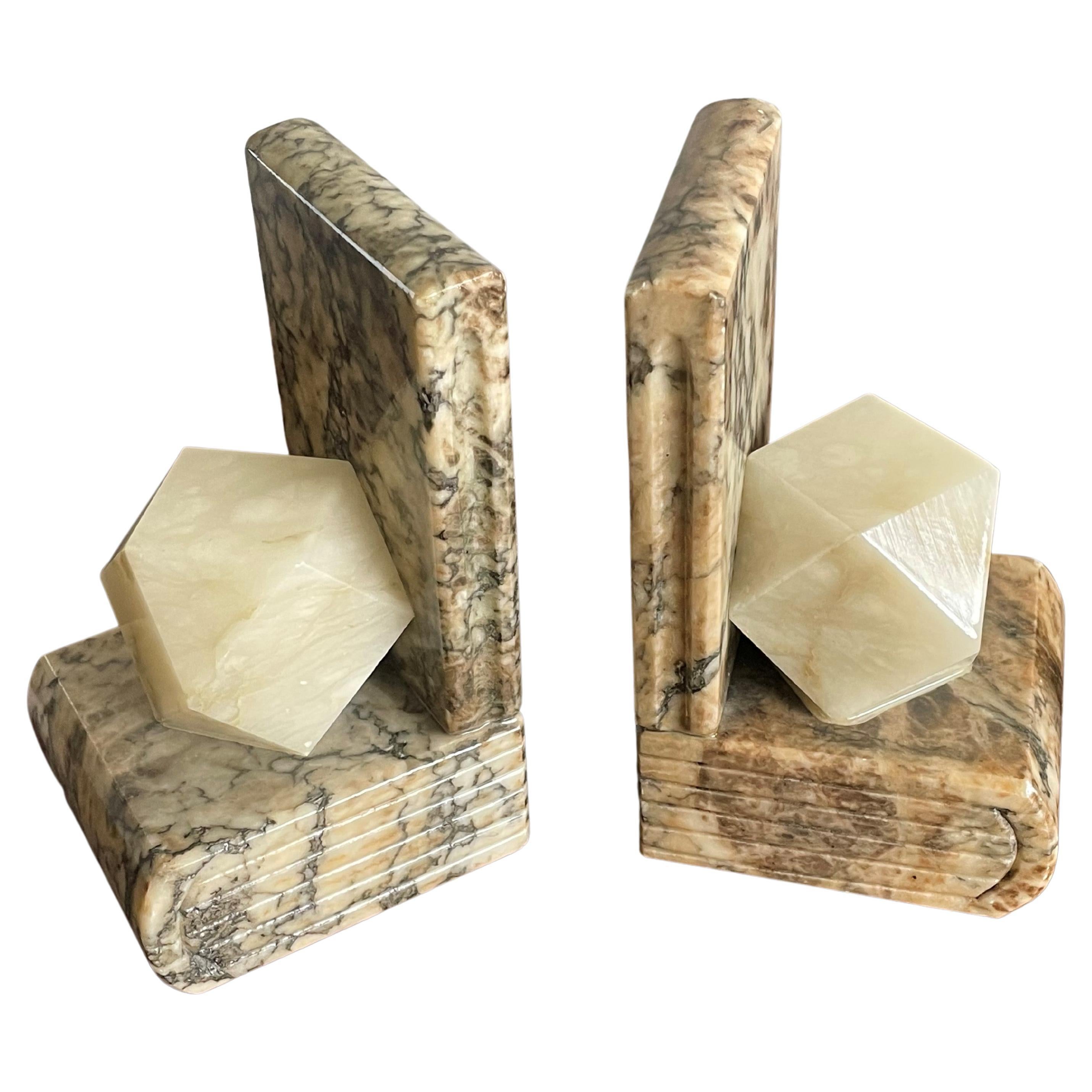 Midcentury Hand Carved Alabaster Bookends w. Science like Geometrical Element For Sale
