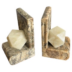 Retro Midcentury Hand Carved Alabaster Bookends w. Science like Geometrical Element