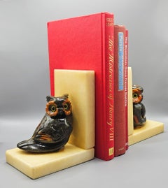 Mid-Century Hand Carved Alabaster Owl Bookends, Yellow Glass Eyes, Italy 1950s