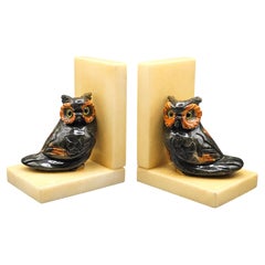 Mid-Century Hand Carved Alabaster Owl Bookends, Yellow Glass Eyes, Italy 1950s