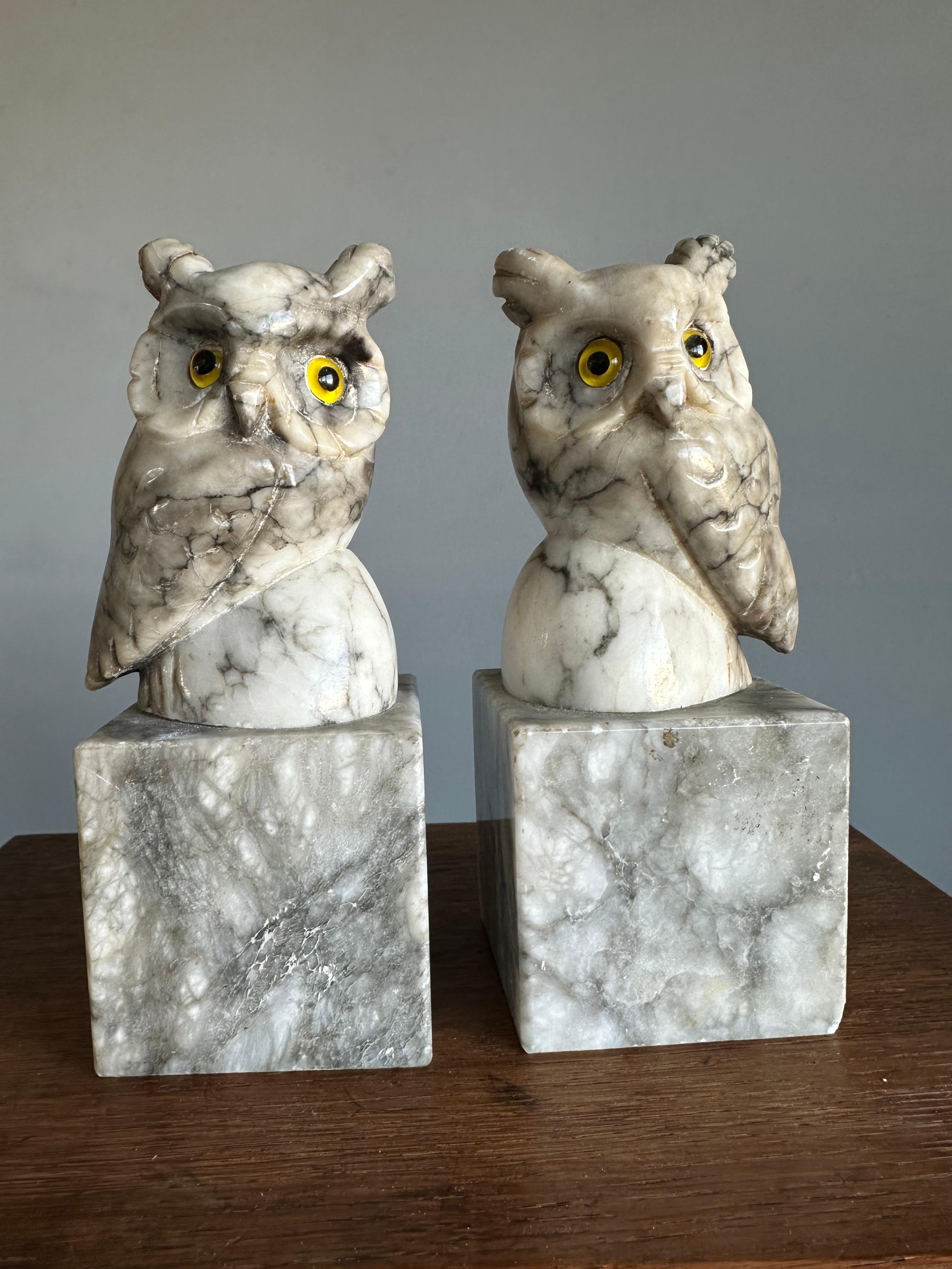 Mid-Century Hand Carved Alabaster Owl Sculptures with Glass Eyes Bookends 1950s For Sale 1
