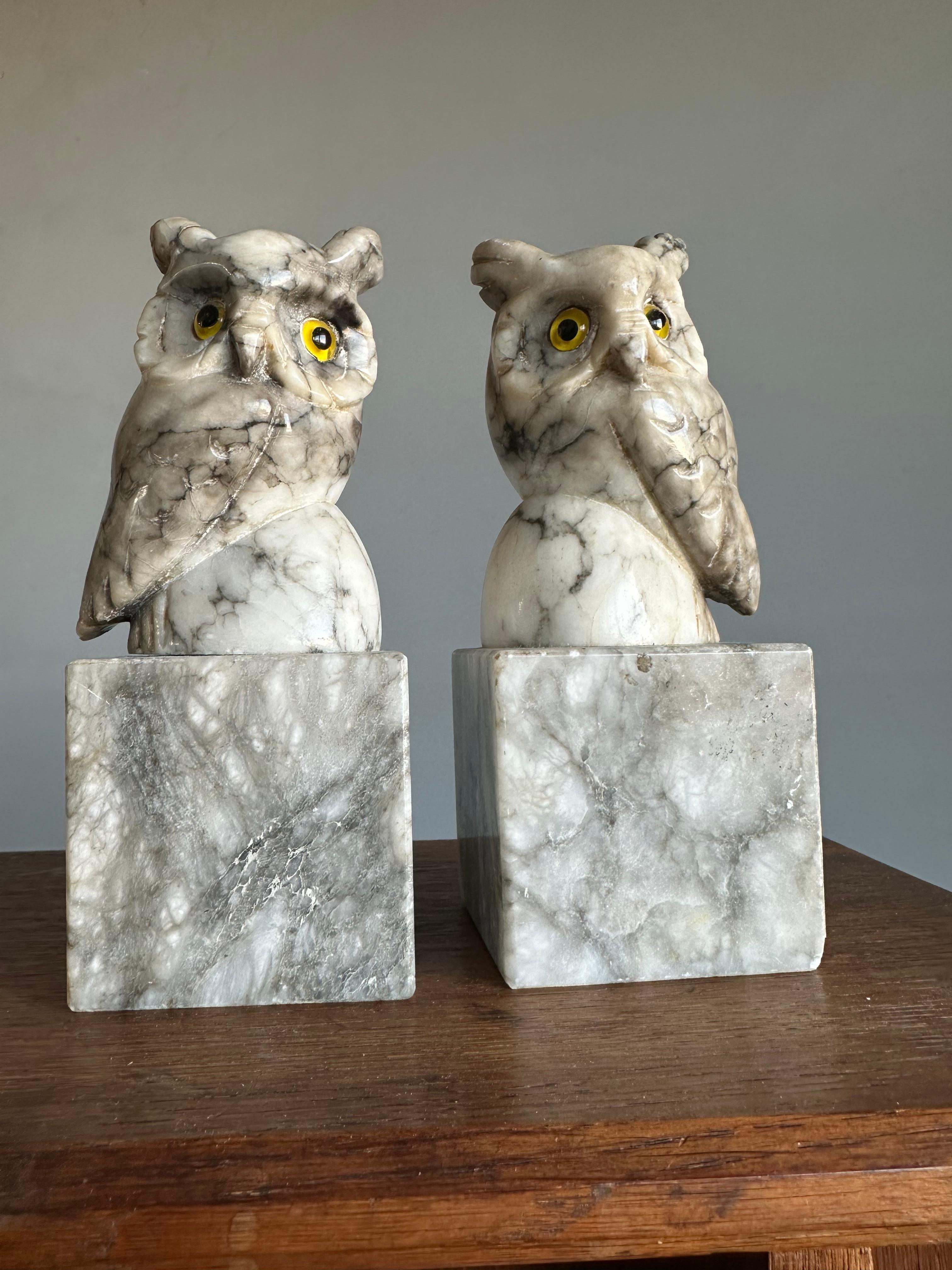 Mid-Century Hand Carved Alabaster Owl Sculptures with Glass Eyes Bookends 1950s For Sale 2