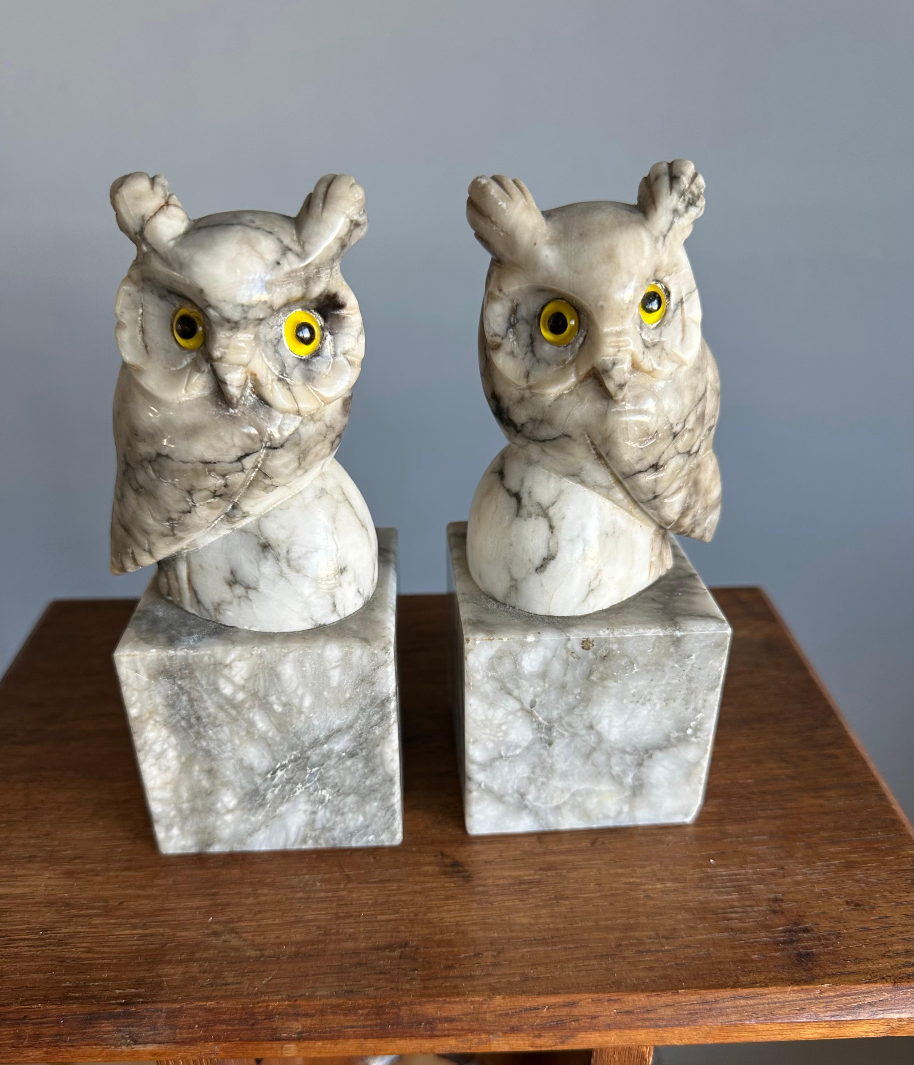 Mid-Century Hand Carved Alabaster Owl Sculptures with Glass Eyes Bookends 1950s For Sale 3