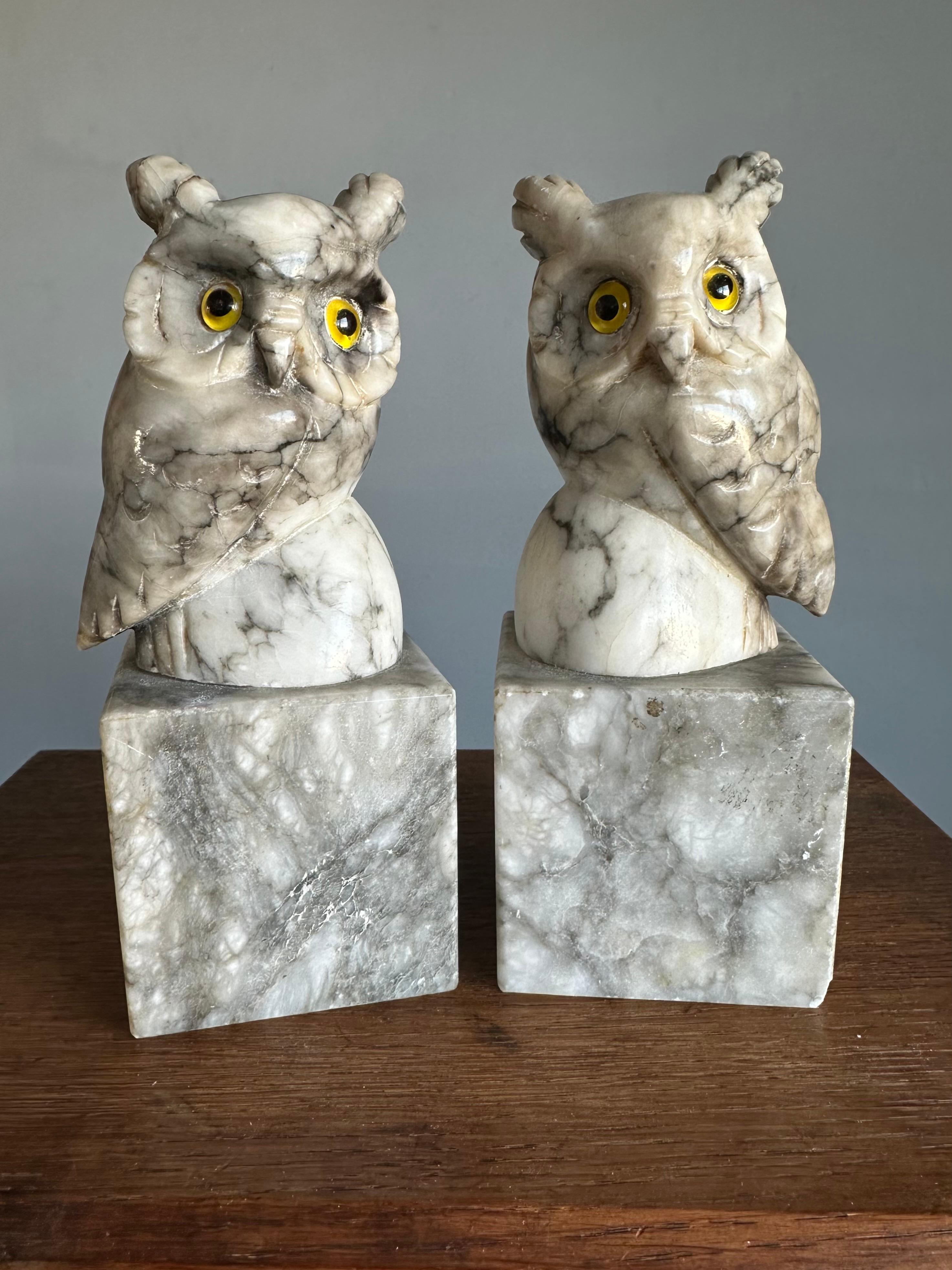Mid-Century Hand Carved Alabaster Owl Sculptures with Glass Eyes Bookends 1950s For Sale 4