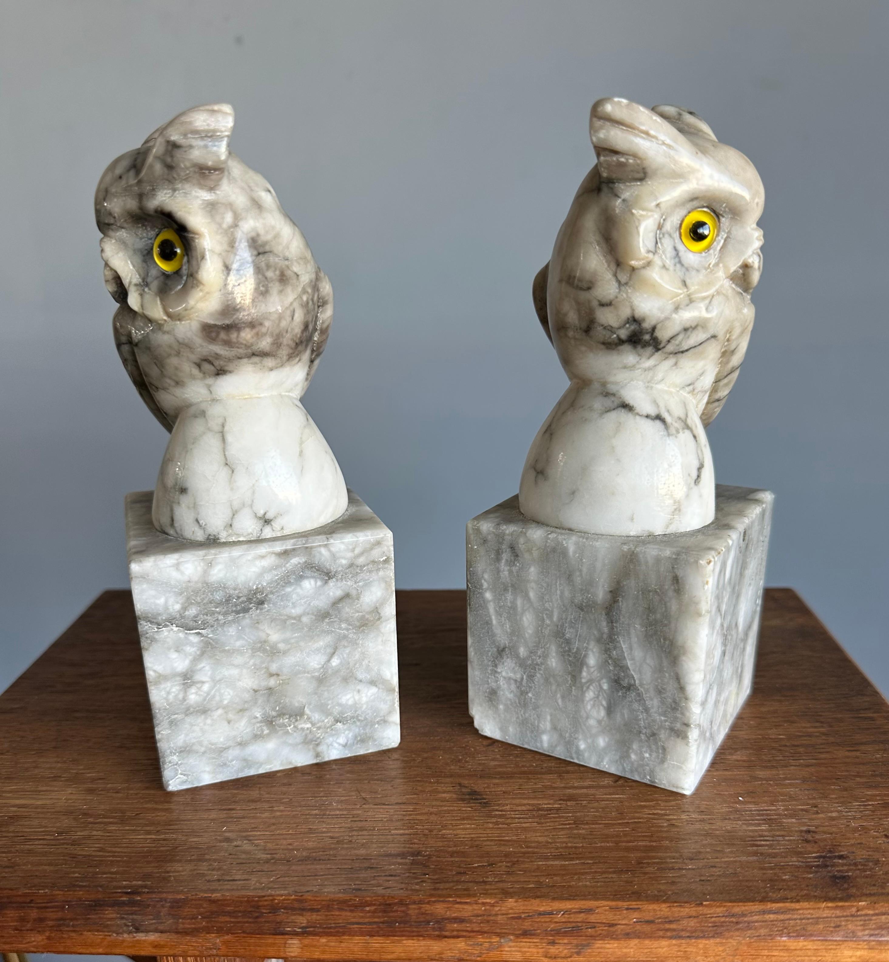 Mid-Century Hand Carved Alabaster Owl Sculptures with Glass Eyes Bookends 1950s For Sale 6