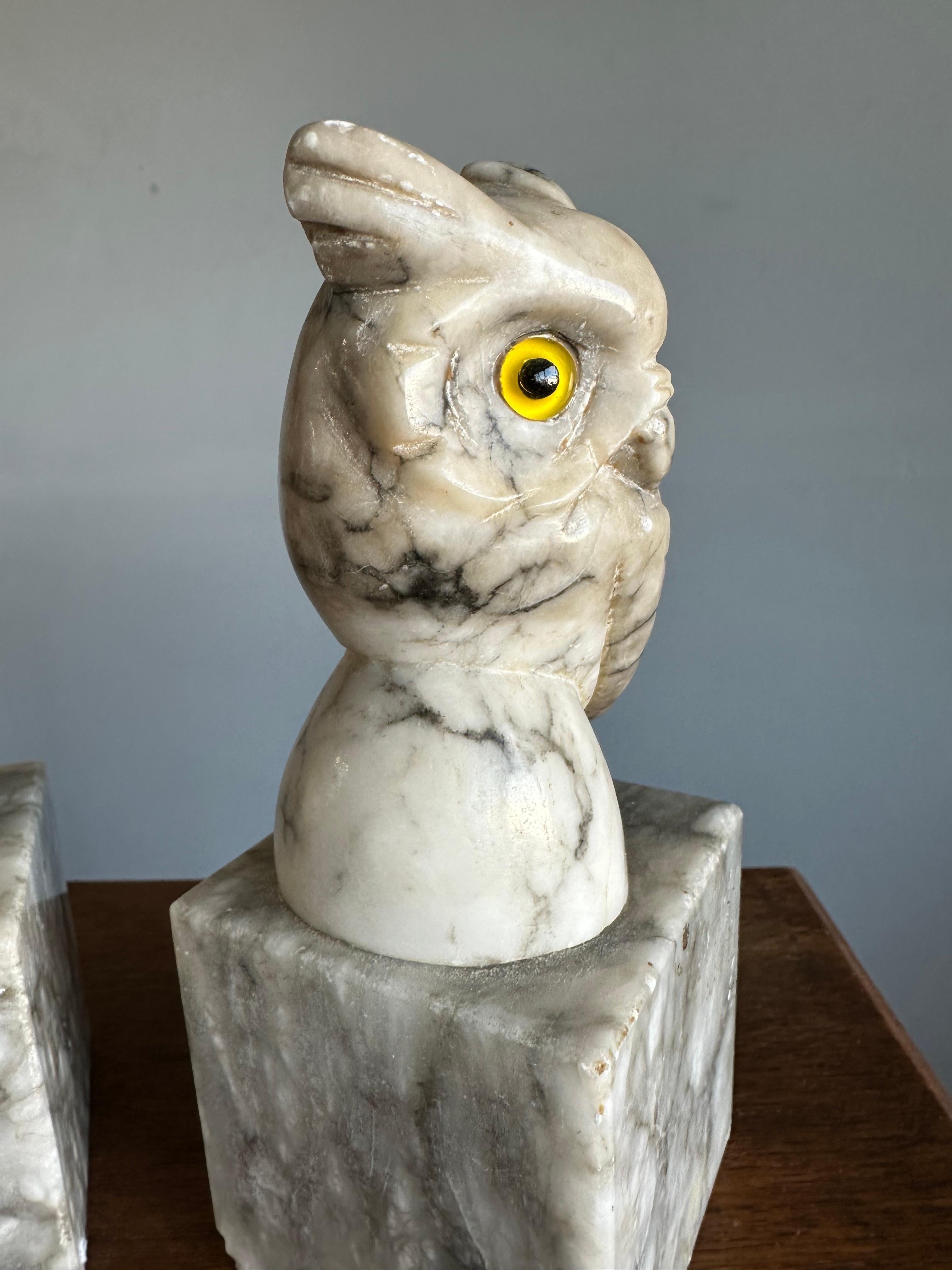 Mid-Century Hand Carved Alabaster Owl Sculptures with Glass Eyes Bookends 1950s For Sale 7