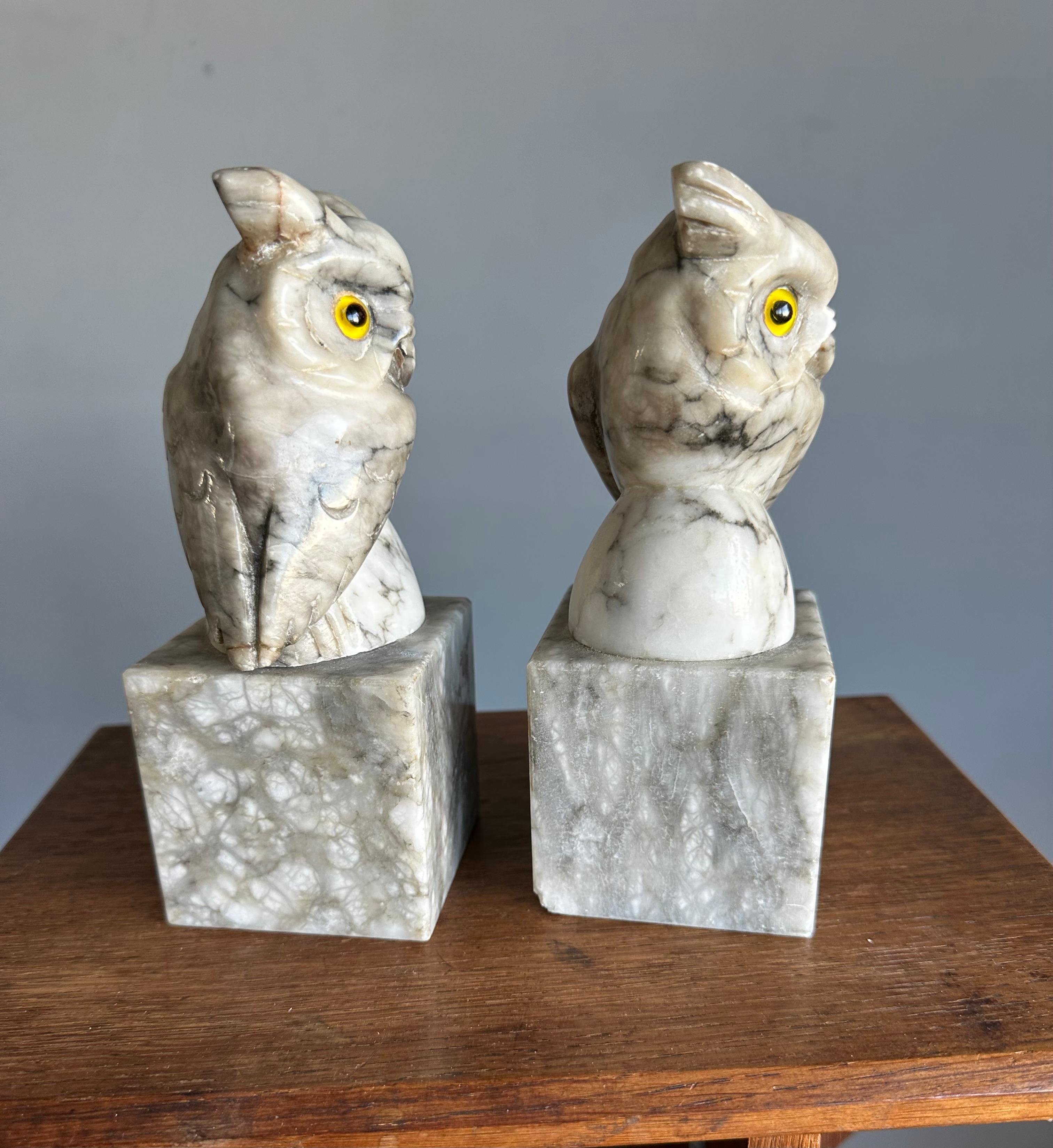 Mid-Century Hand Carved Alabaster Owl Sculptures with Glass Eyes Bookends 1950s For Sale 8