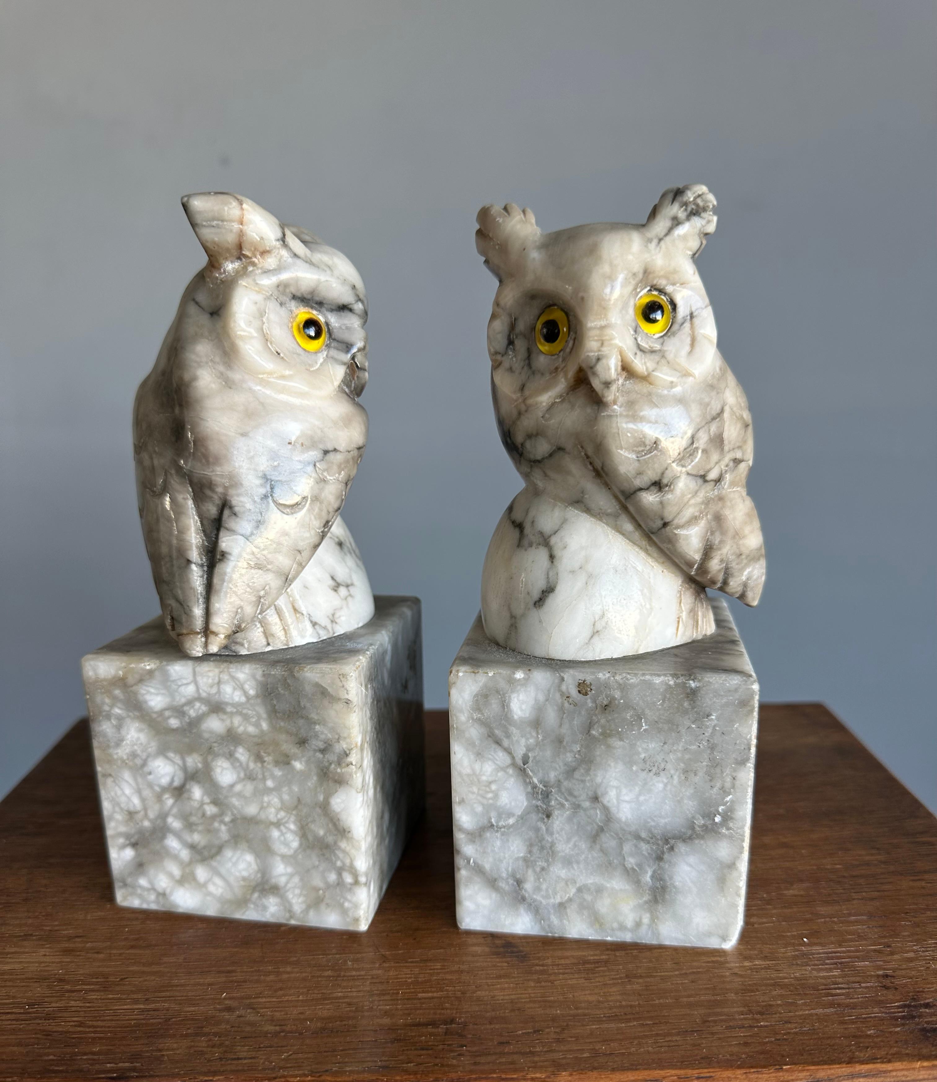 Mid-Century Hand Carved Alabaster Owl Sculptures with Glass Eyes Bookends 1950s For Sale 9
