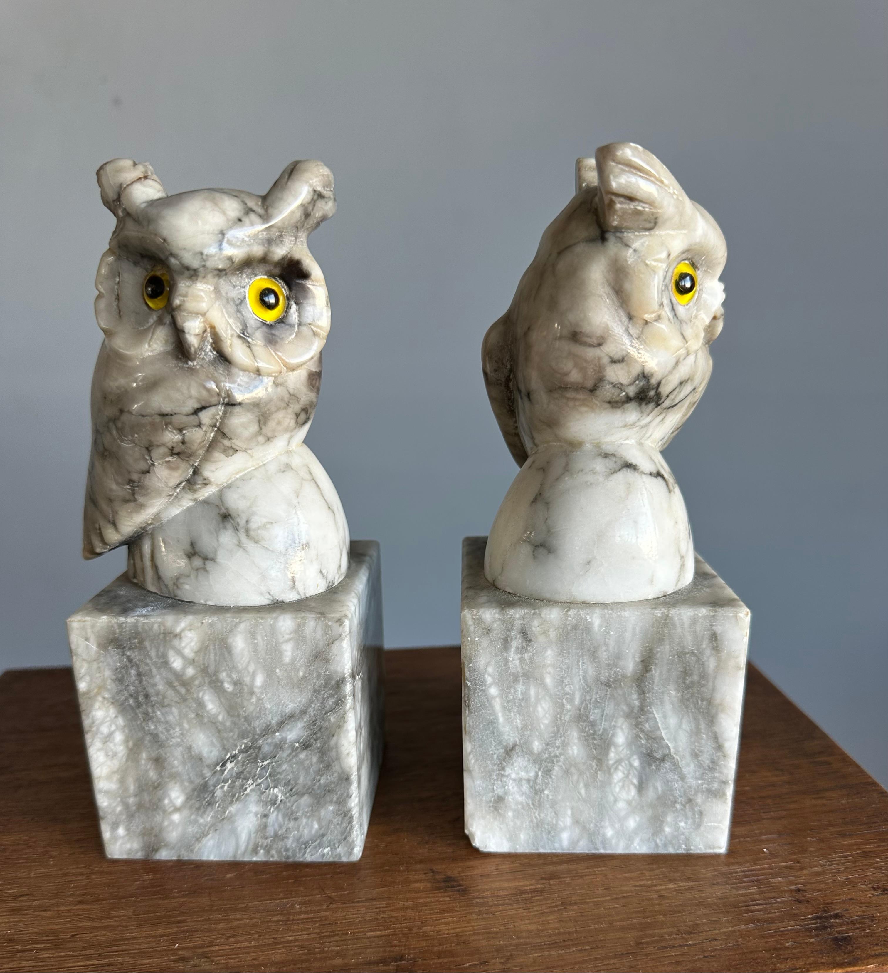Mid-Century Hand Carved Alabaster Owl Sculptures with Glass Eyes Bookends 1950s For Sale 10