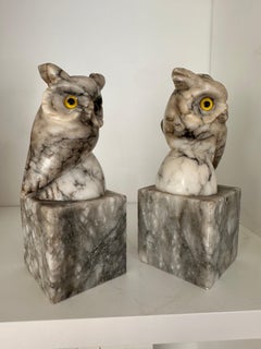 Mid-Century Hand Carved Alabaster Owl Sculptures with Glass Eyes Bookends 1950s