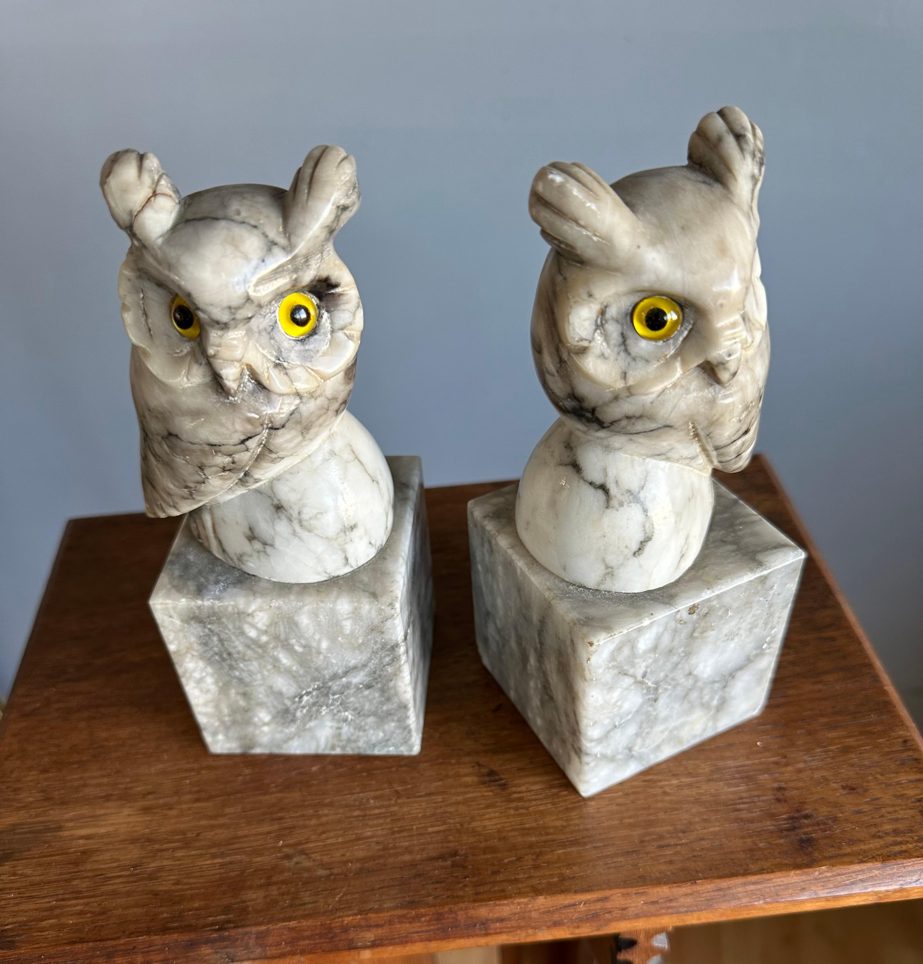 Mid-Century Hand Carved Alabaster Owl Sculptures with Glass Eyes Bookends 1950s For Sale 11