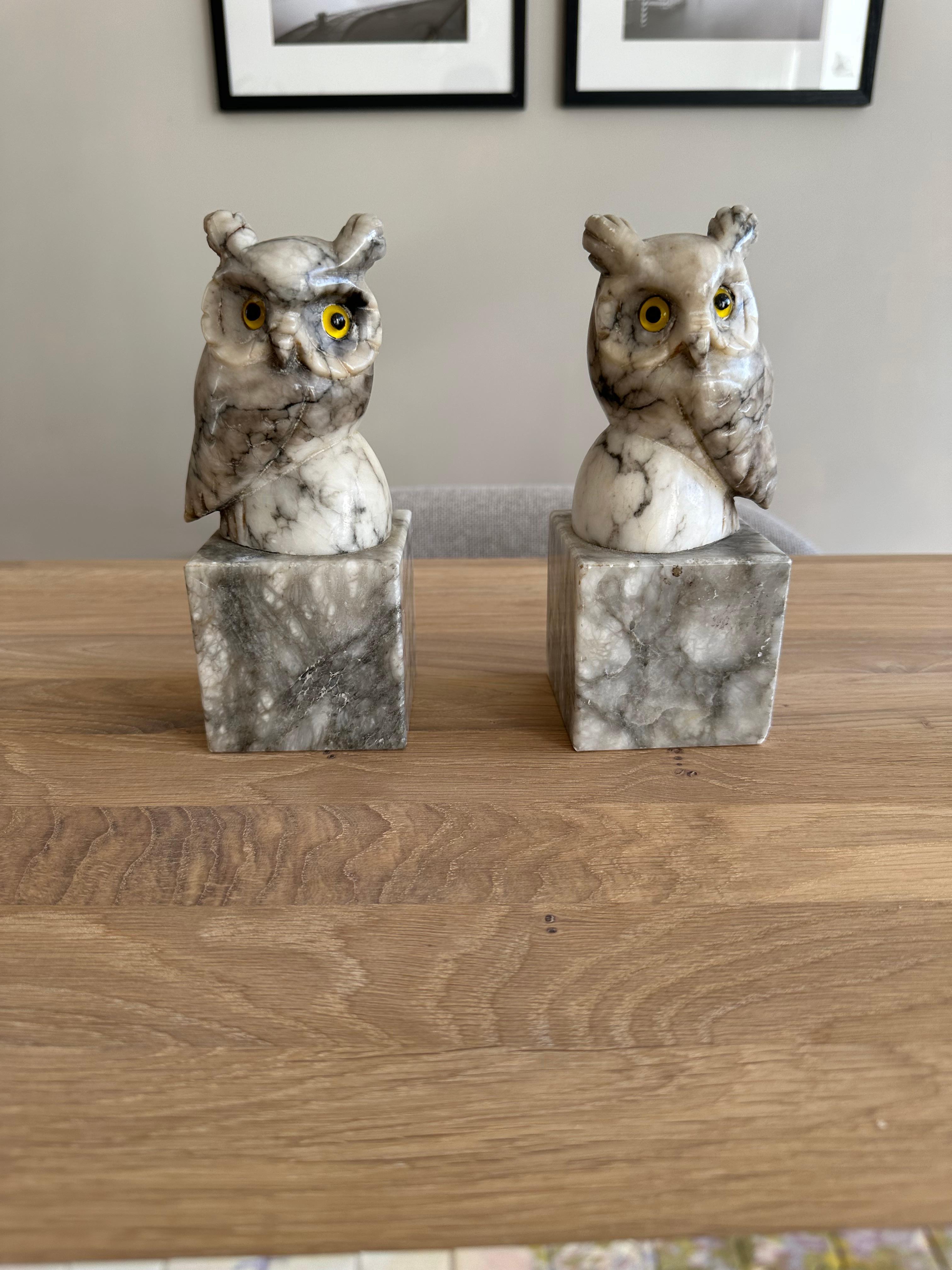 Mid-Century Modern Mid-Century Hand Carved Alabaster Owl Sculptures with Glass Eyes Bookends 1950s For Sale