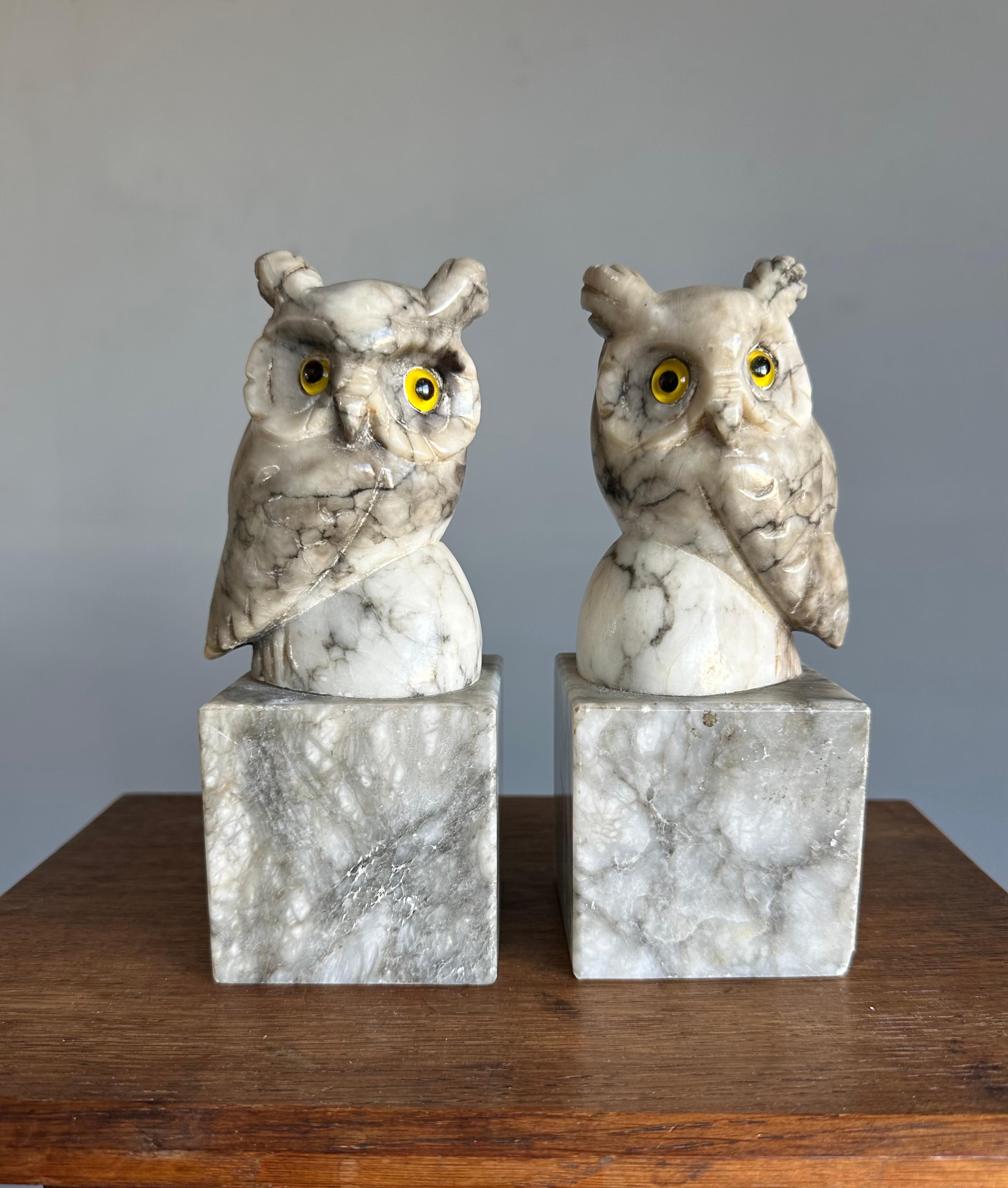 European Mid-Century Hand Carved Alabaster Owl Sculptures with Glass Eyes Bookends 1950s For Sale