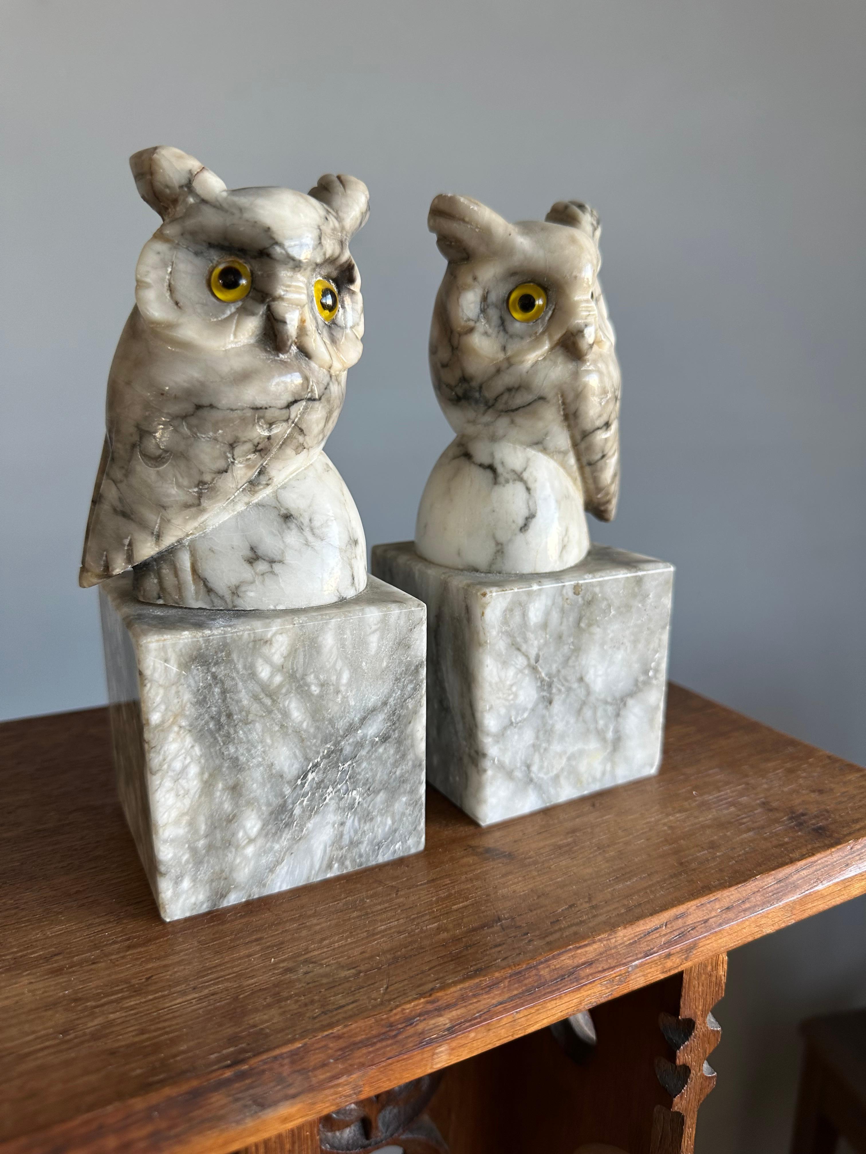 Hand-Carved Mid-Century Hand Carved Alabaster Owl Sculptures with Glass Eyes Bookends 1950s For Sale