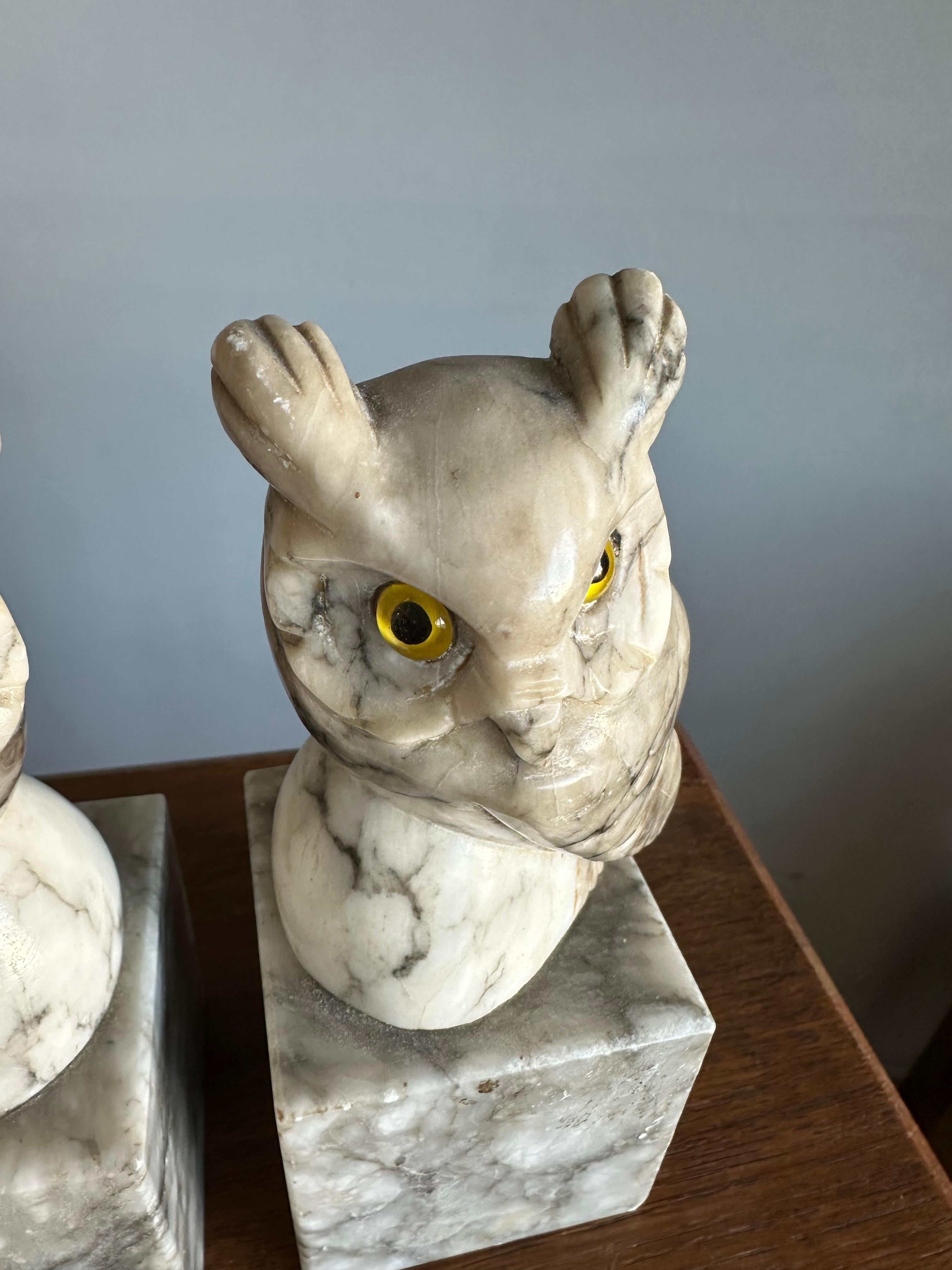 20th Century Mid-Century Hand Carved Alabaster Owl Sculptures with Glass Eyes Bookends 1950s For Sale