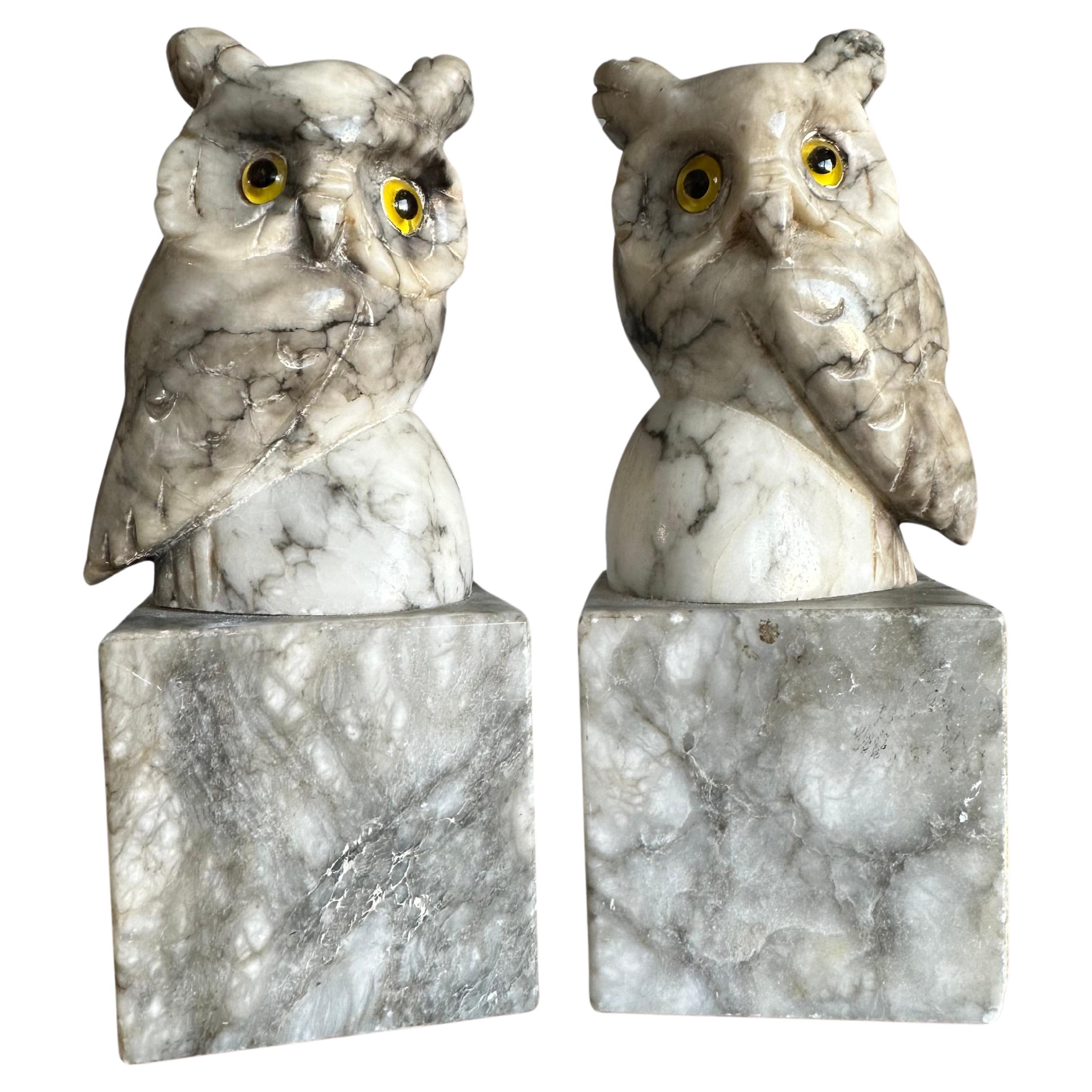 Mid-Century Hand Carved Alabaster Owl Sculptures with Glass Eyes Bookends 1950s For Sale