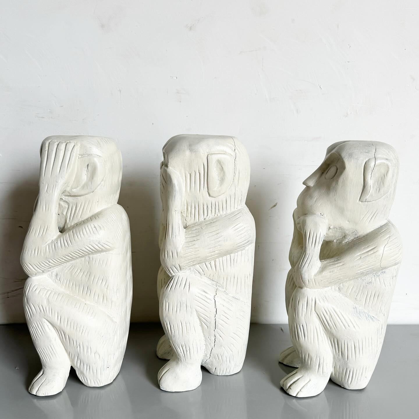 Mid-Century Modern Mid Century Hand Carved and Painted Wooden Monkeys - Hear, Say, Speak No Evil