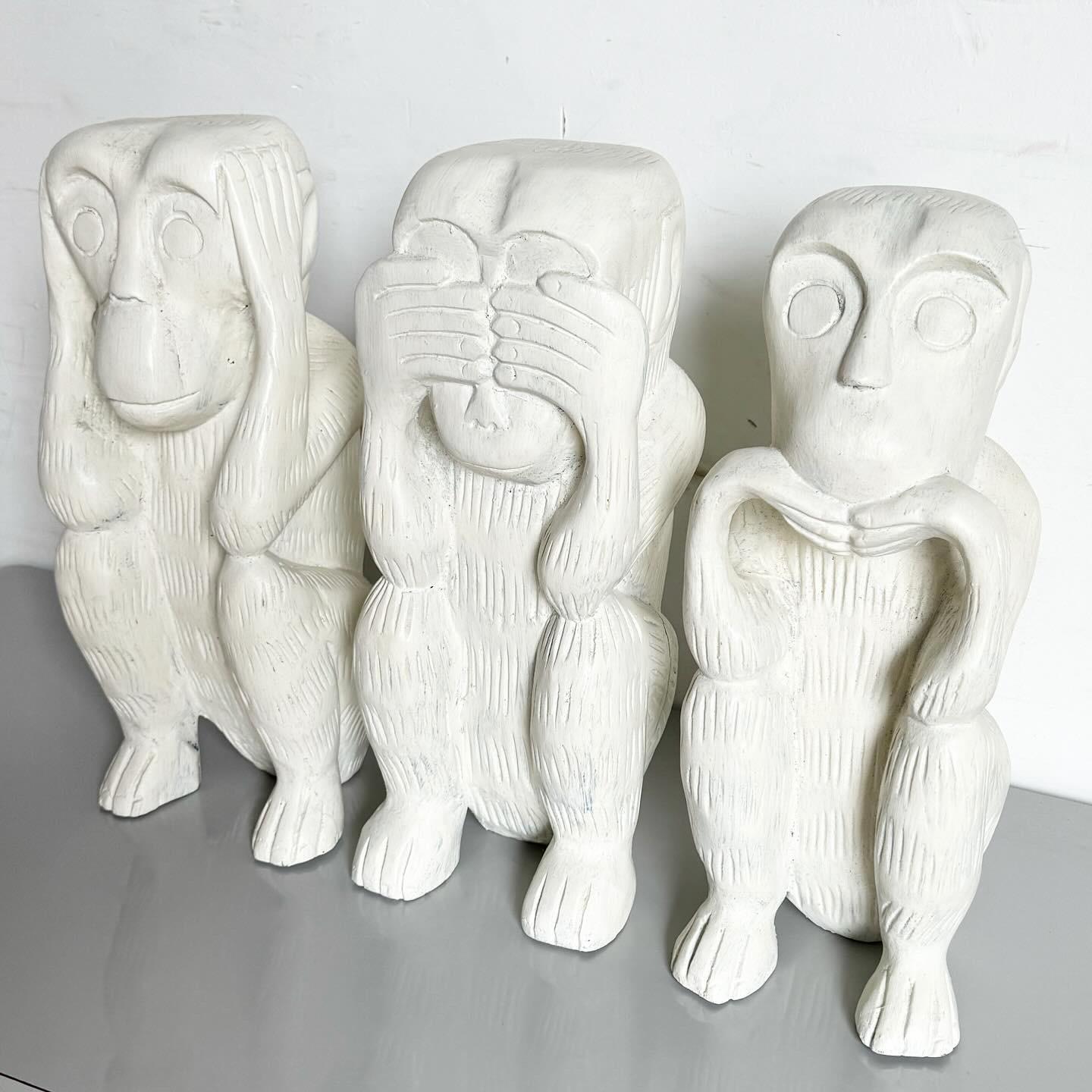 Mid Century Hand Carved and Painted Wooden Monkeys - Hear, Say, Speak No Evil For Sale 3
