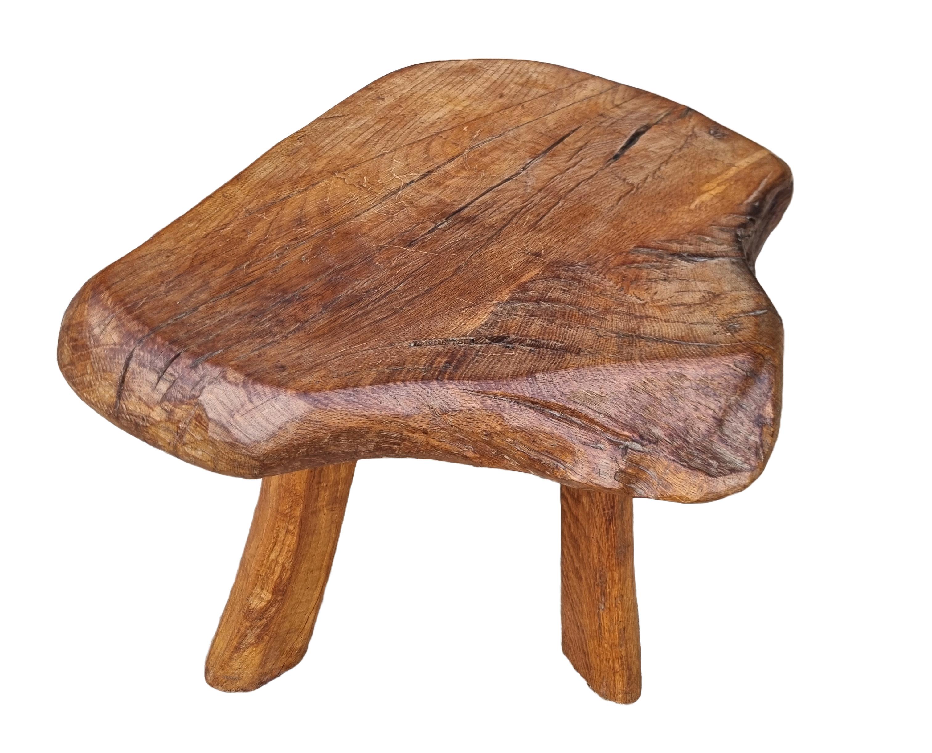 Dutch Mid-Century Hand-Carved Live-Edge Oak Stool or Side Table, Europe, 1950s For Sale