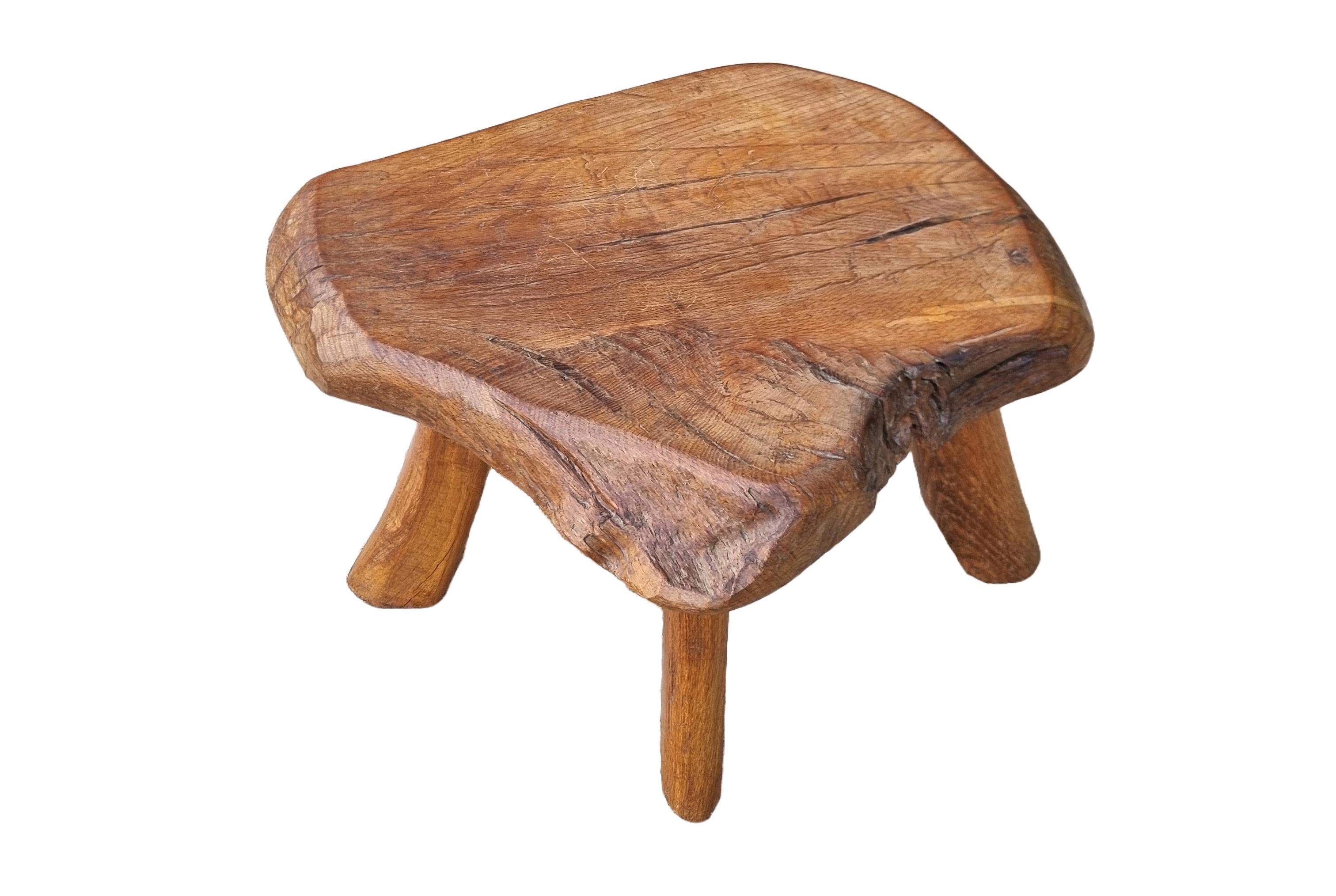 Mid-Century Hand-Carved Live-Edge Oak Stool or Side Table, Europe, 1950s In Good Condition For Sale In Boven Leeuwen, NL