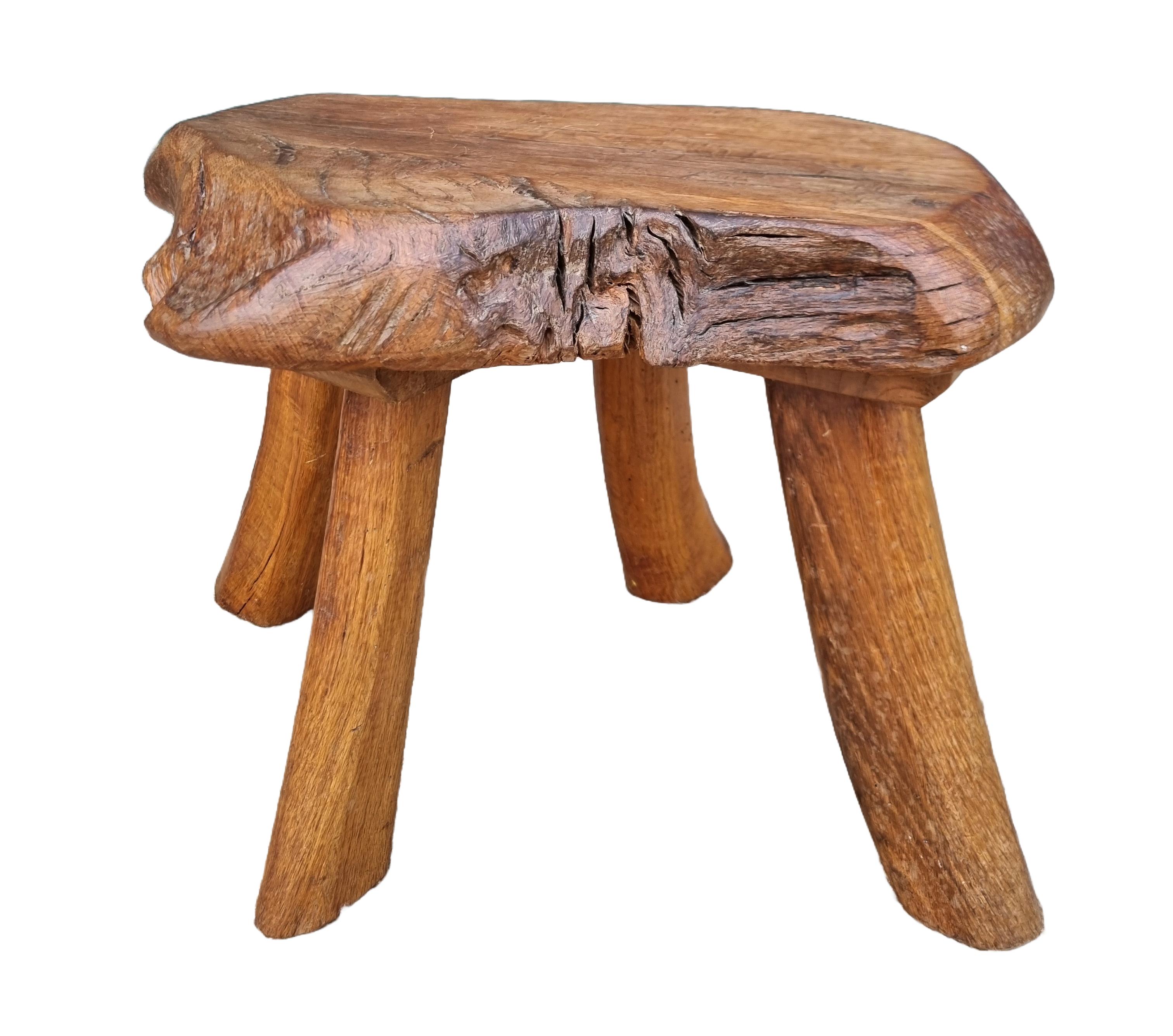 Mid-20th Century Mid-Century Hand-Carved Live-Edge Oak Stool or Side Table, Europe, 1950s For Sale