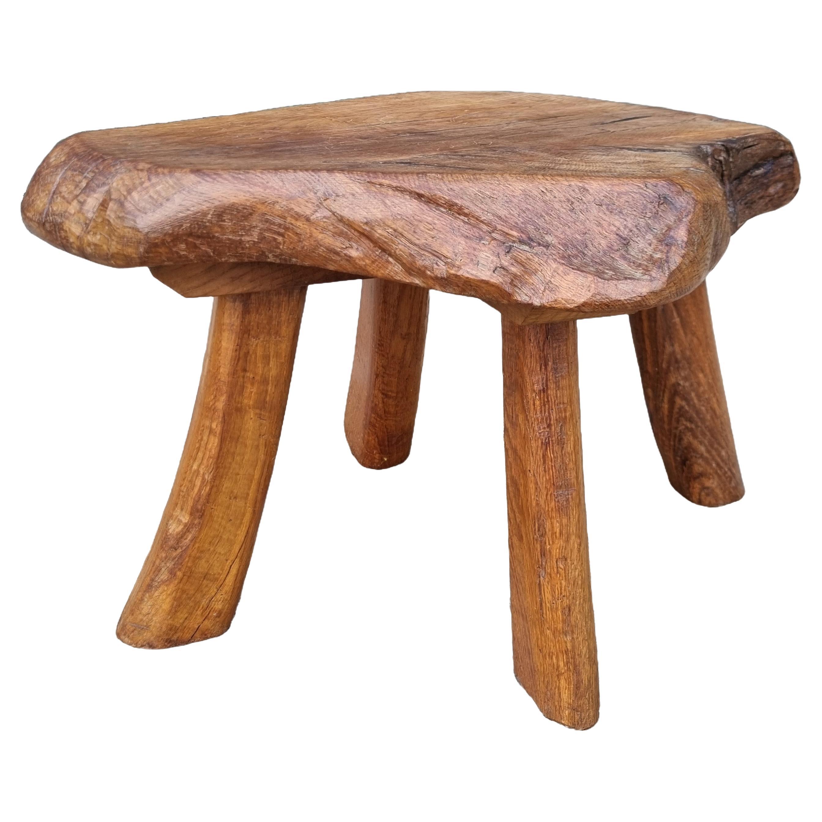 Mid-Century Hand-Carved Live-Edge Oak Stool or Side Table, Europe, 1950s For Sale
