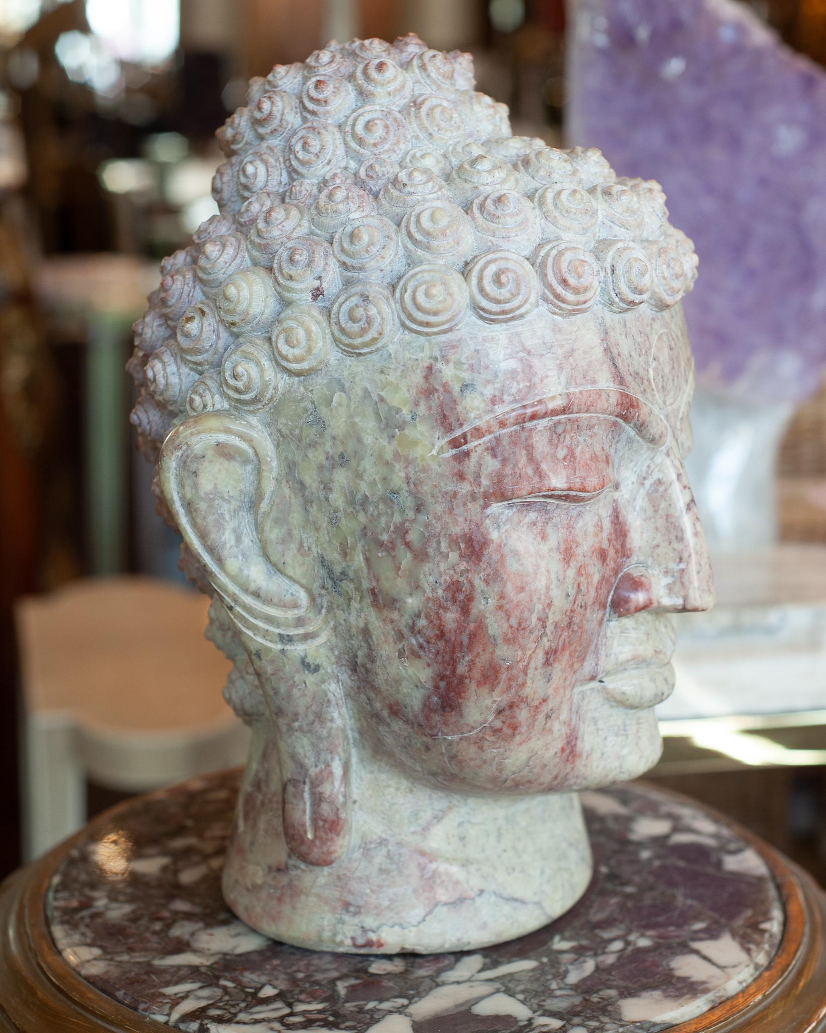Hand-Carved Midcentury Hand Carved Marble Buddha Head Sculpture For Sale