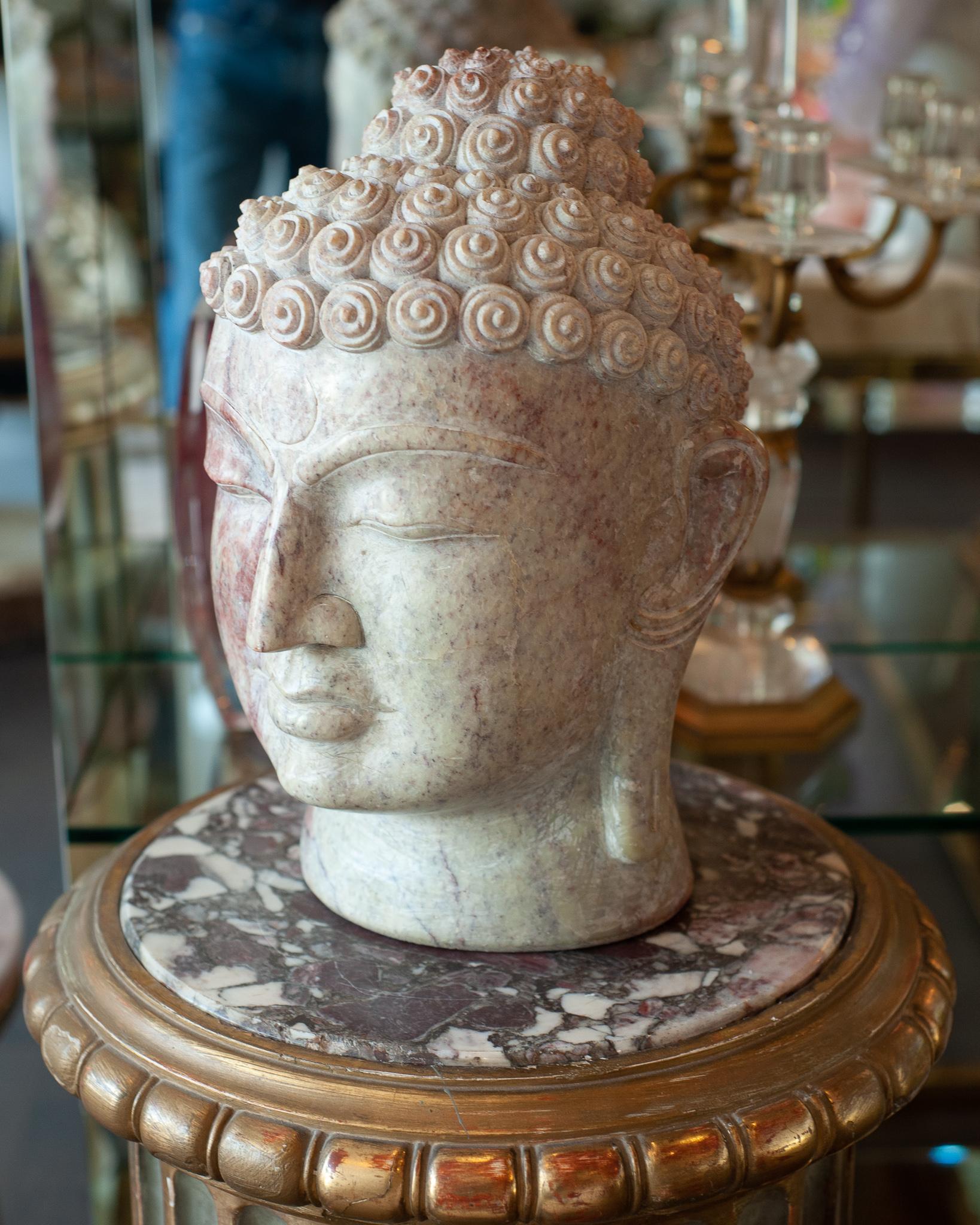 Midcentury Hand Carved Marble Buddha Head Sculpture In Good Condition For Sale In Toronto, ON