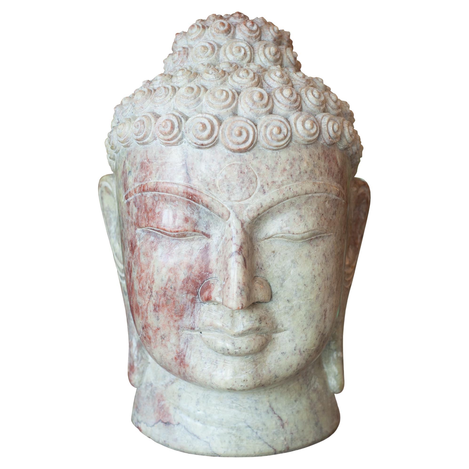 Midcentury Hand Carved Marble Buddha Head Sculpture For Sale