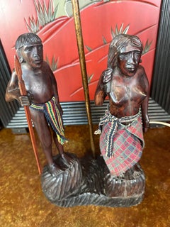 Mid Century Hand Carved Masai Figurative Couple Lamp