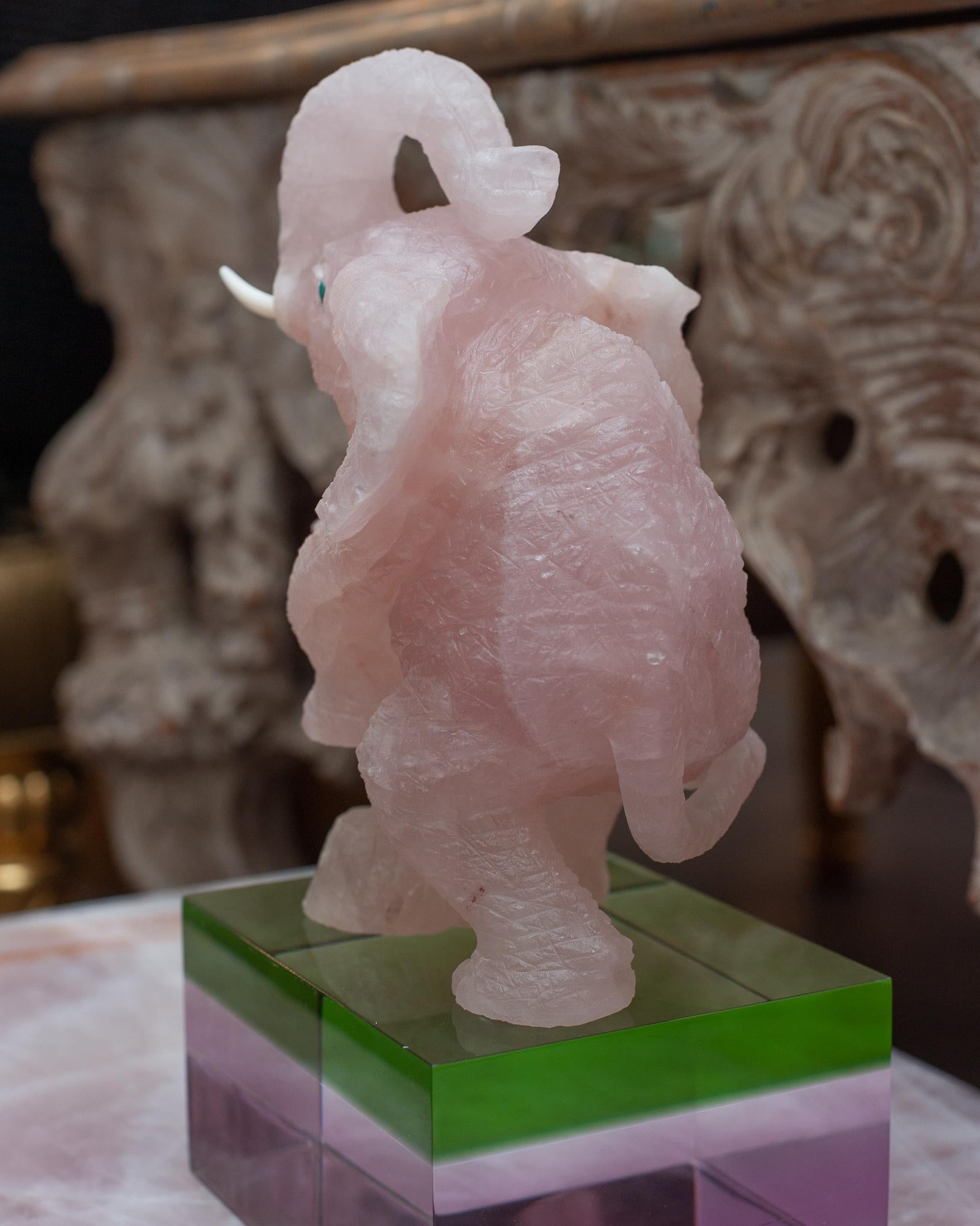Hand-Carved Mid Century Hand Carved Rose Quartz Elephant Sculpture