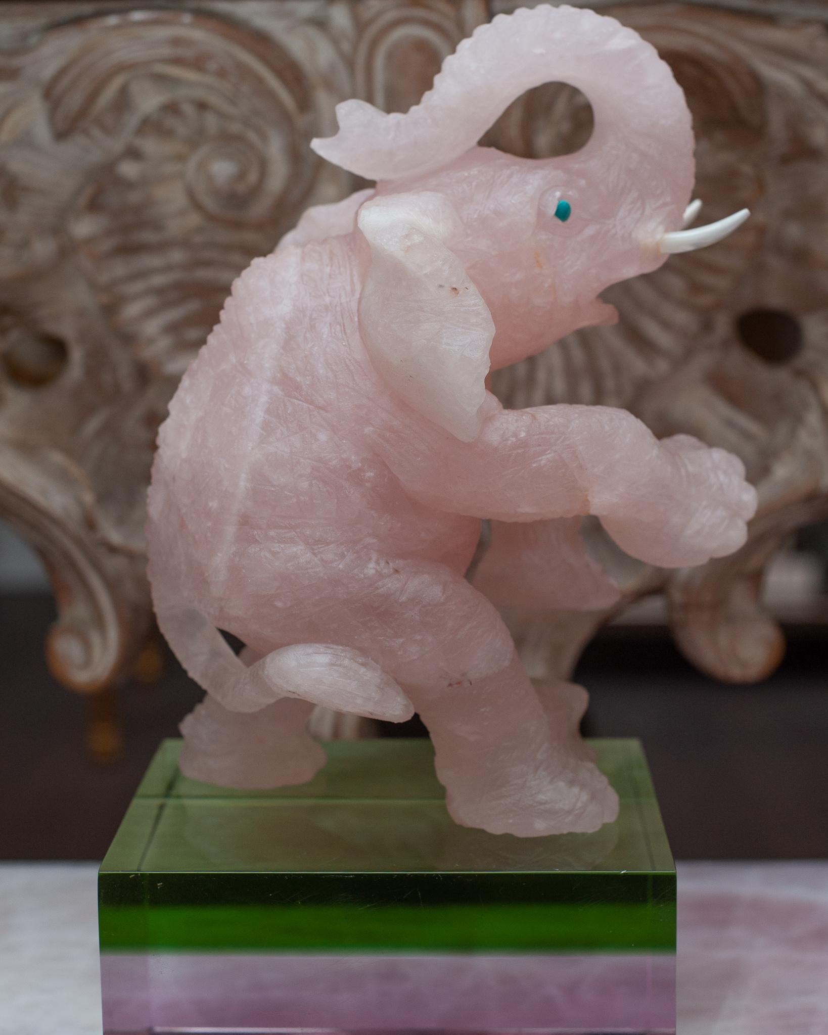 Mid Century Hand Carved Rose Quartz Elephant Sculpture In Good Condition In Toronto, ON