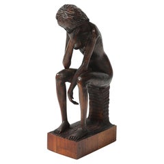 Mid-Century Hand-Carved Seated Female Nude Sculpture in Walnut signed Aldo Calo