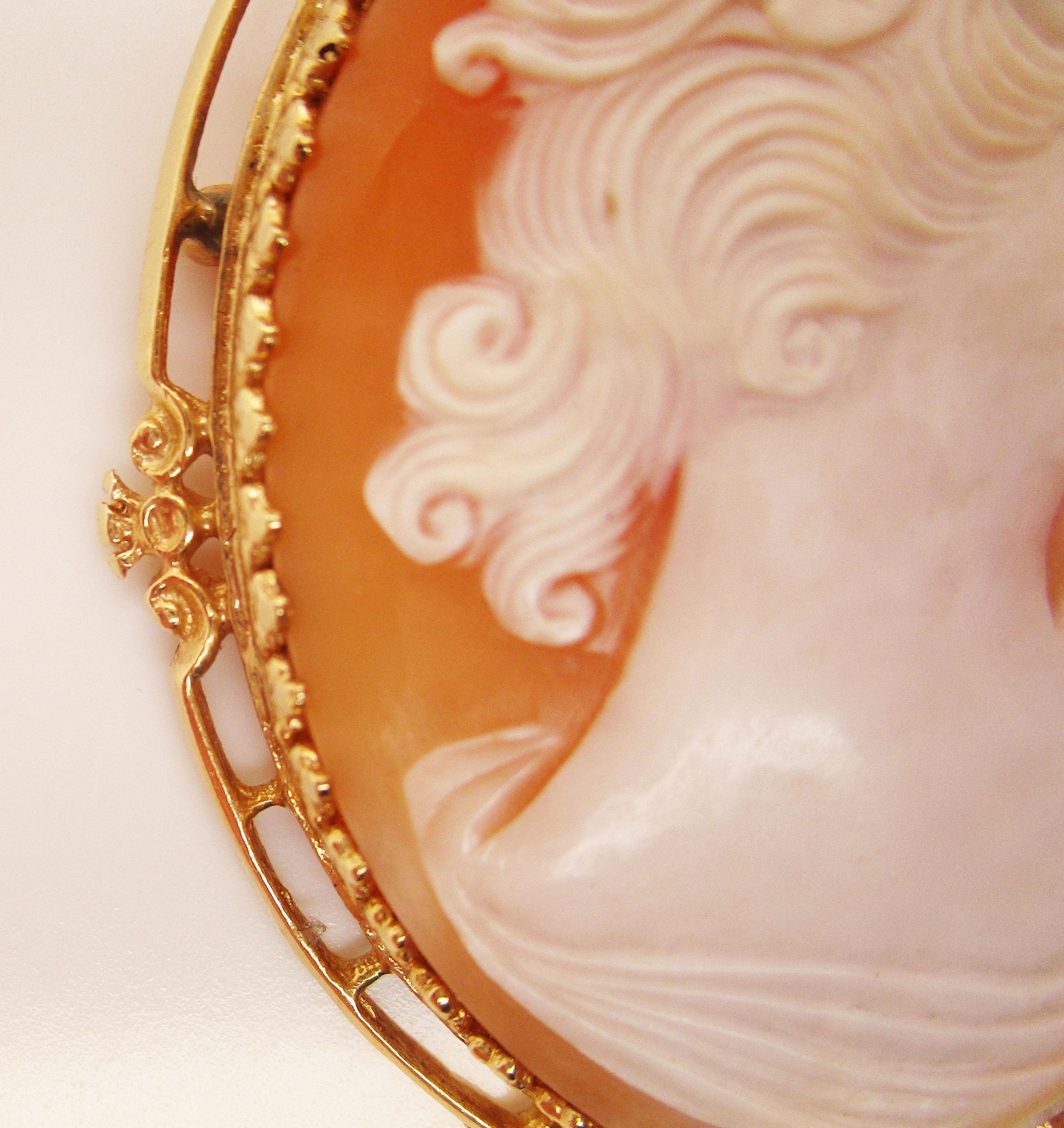 Midcentury Hand Carved Shell Cameo in 14 Karat Yellow Gold Pin Pendant In Excellent Condition In Lexington, KY