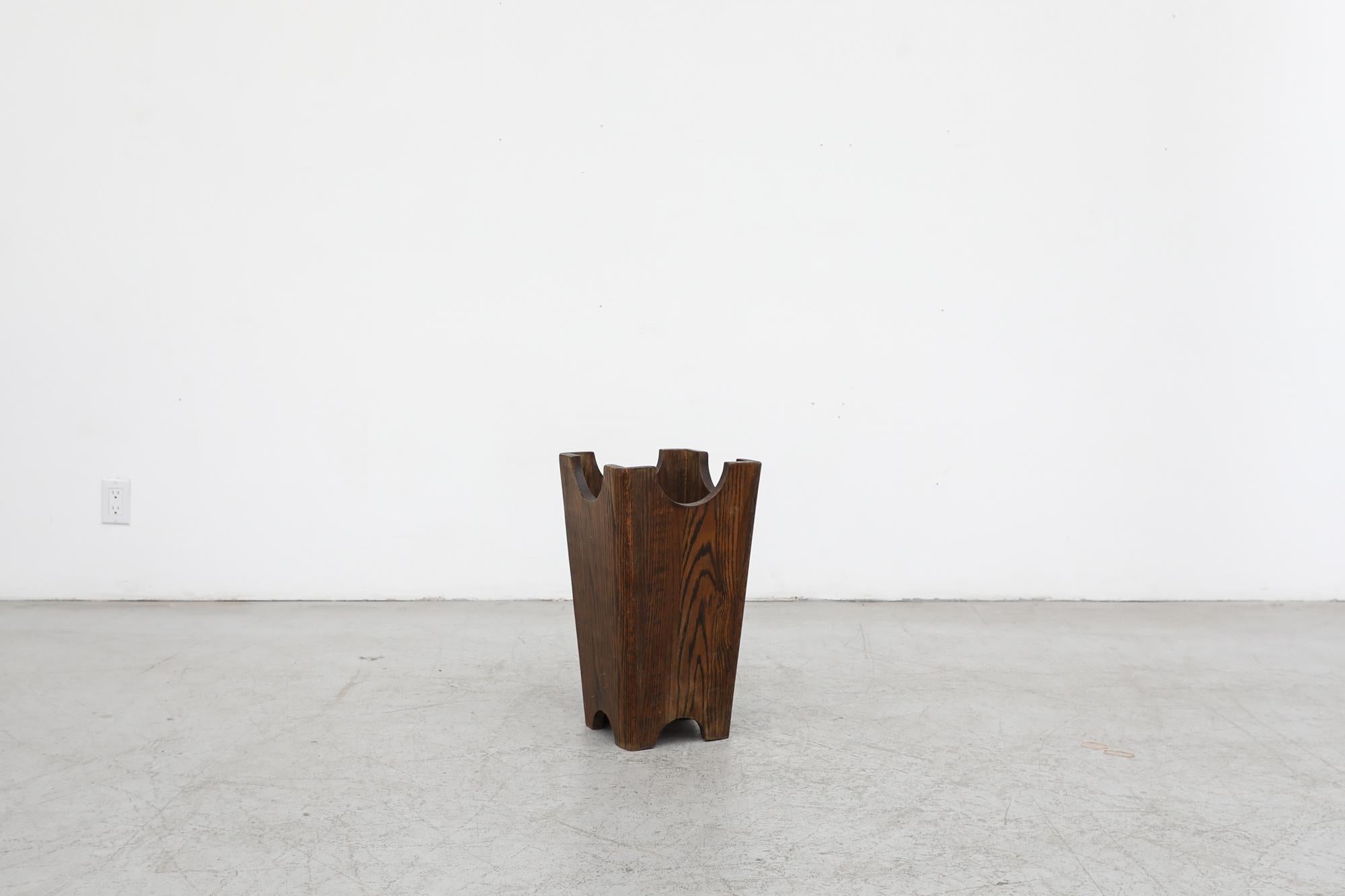 Mid-Century Hand Carved Tapered Square Brutalist Dark Oak Umbrella Stand In Good Condition For Sale In Los Angeles, CA