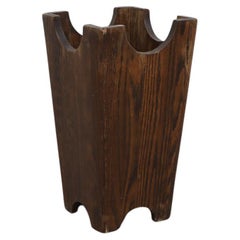 Vintage Mid-Century Hand Carved Tapered Square Brutalist Dark Oak Umbrella Stand