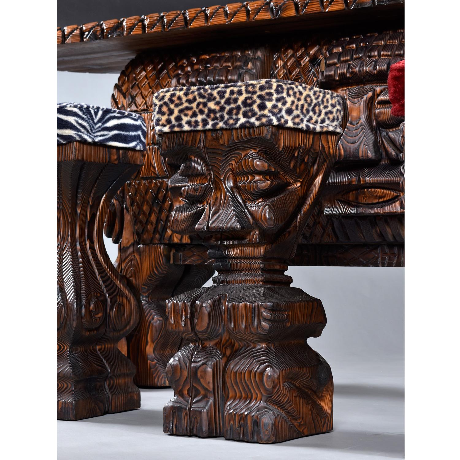 Cedar Mid-Century Hand Carved Witco Tiki Bar and Barstool Set by William Westenhaver