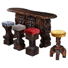 Mid-Century Hand Carved Witco Tiki Bar and Barstool Set by William Westenhaver