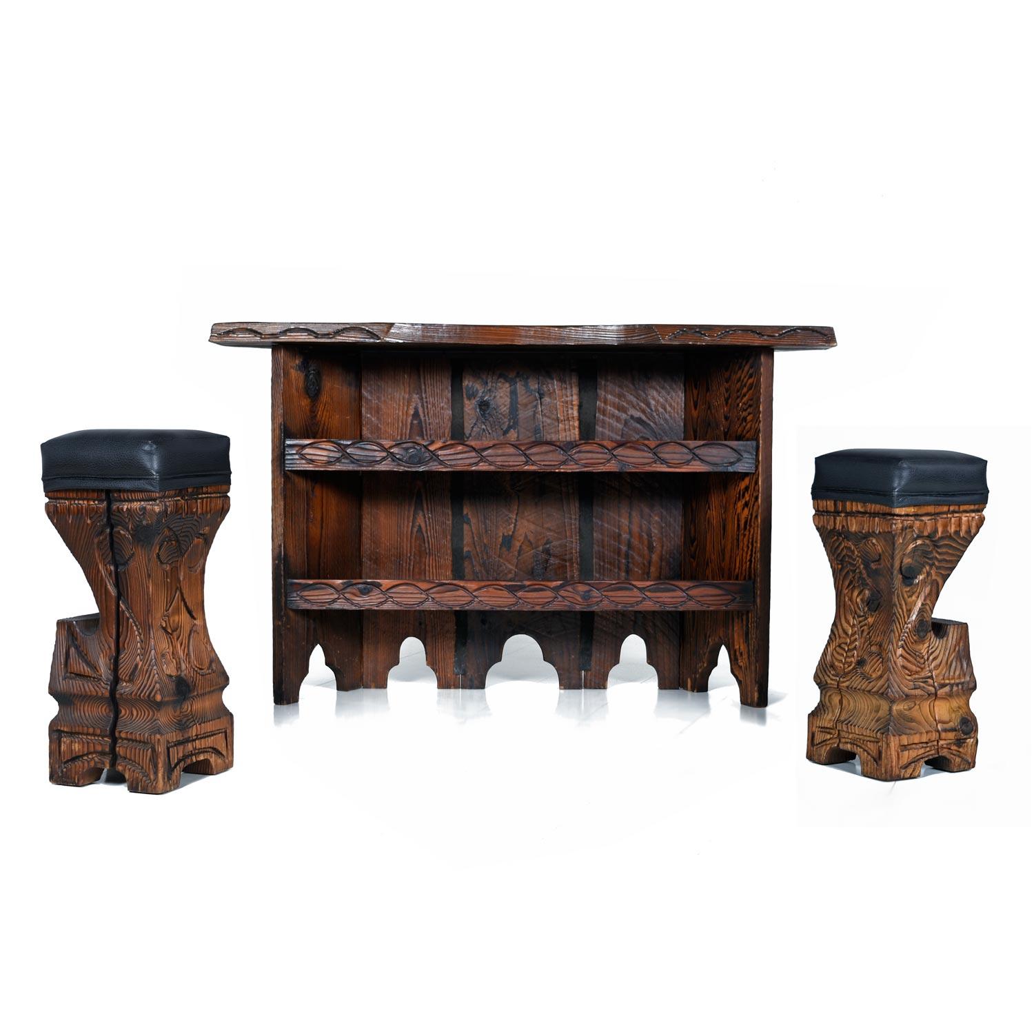Take a walk on the wild side, or maybe just have a drink there, with this fabulous tiki bar by Witco. The bar and stools are substantial, manufactured of thick slabs of cedar wood. Each stool has been recovered in a high-quality, cruelty free,