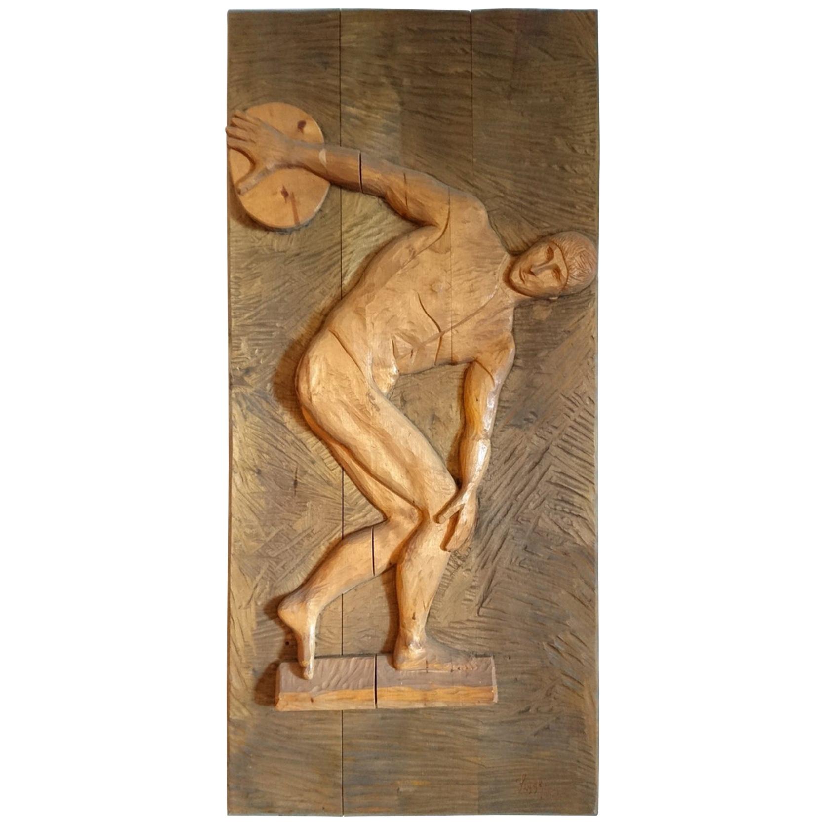 Midcentury Hand Carved Wood Panel of an Athlete