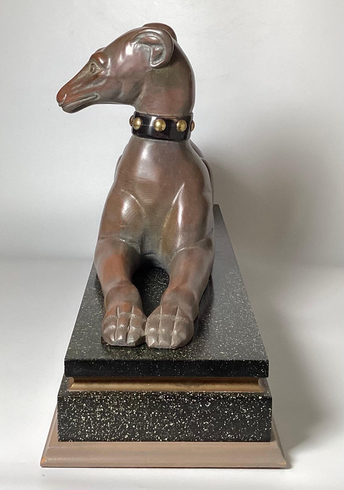 Spanish MId Century Hand Carved Wood Whippet Sculpture on Base For Sale