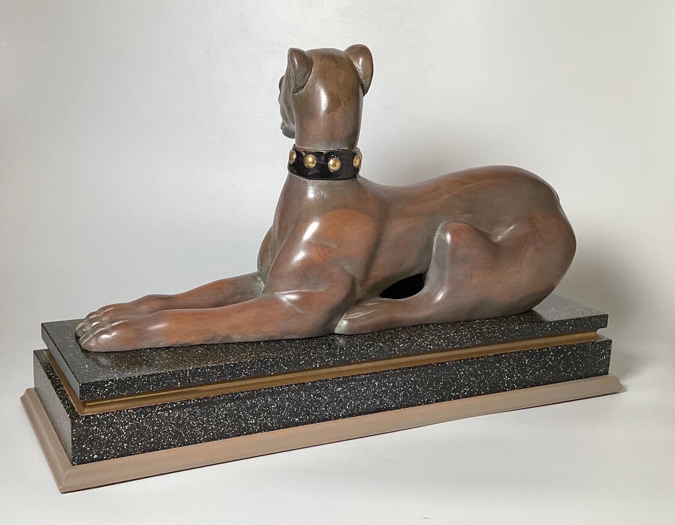 MId Century Hand Carved Wood Whippet Sculpture on Base In Excellent Condition For Sale In Lambertville, NJ