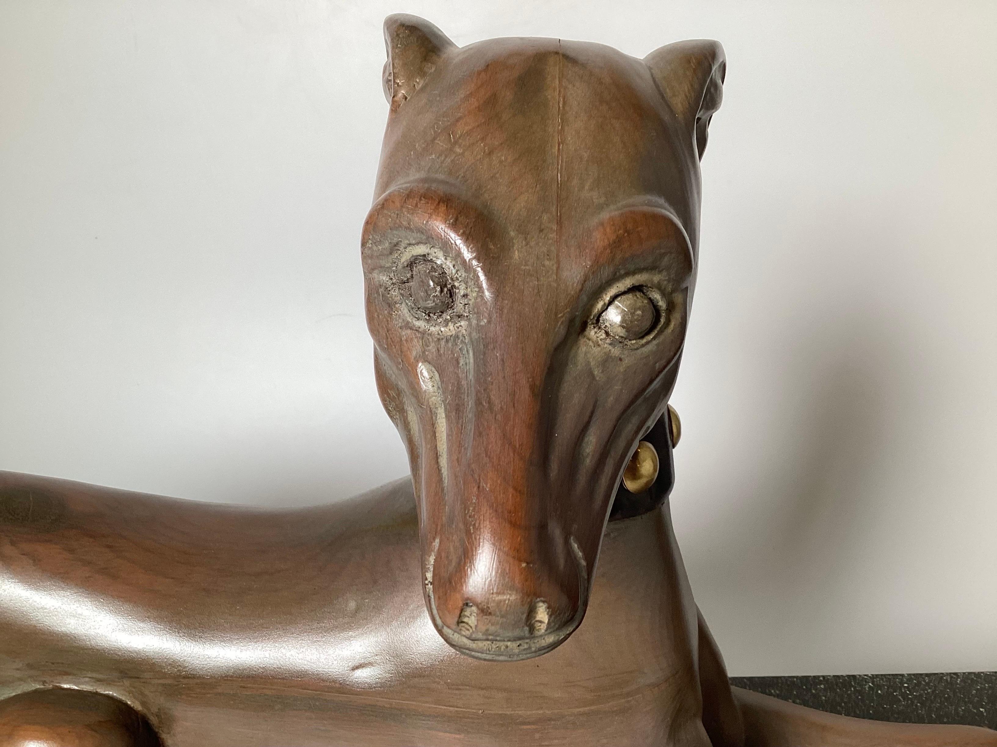 Hardwood MId Century Hand Carved Wood Whippet Sculpture on Base For Sale