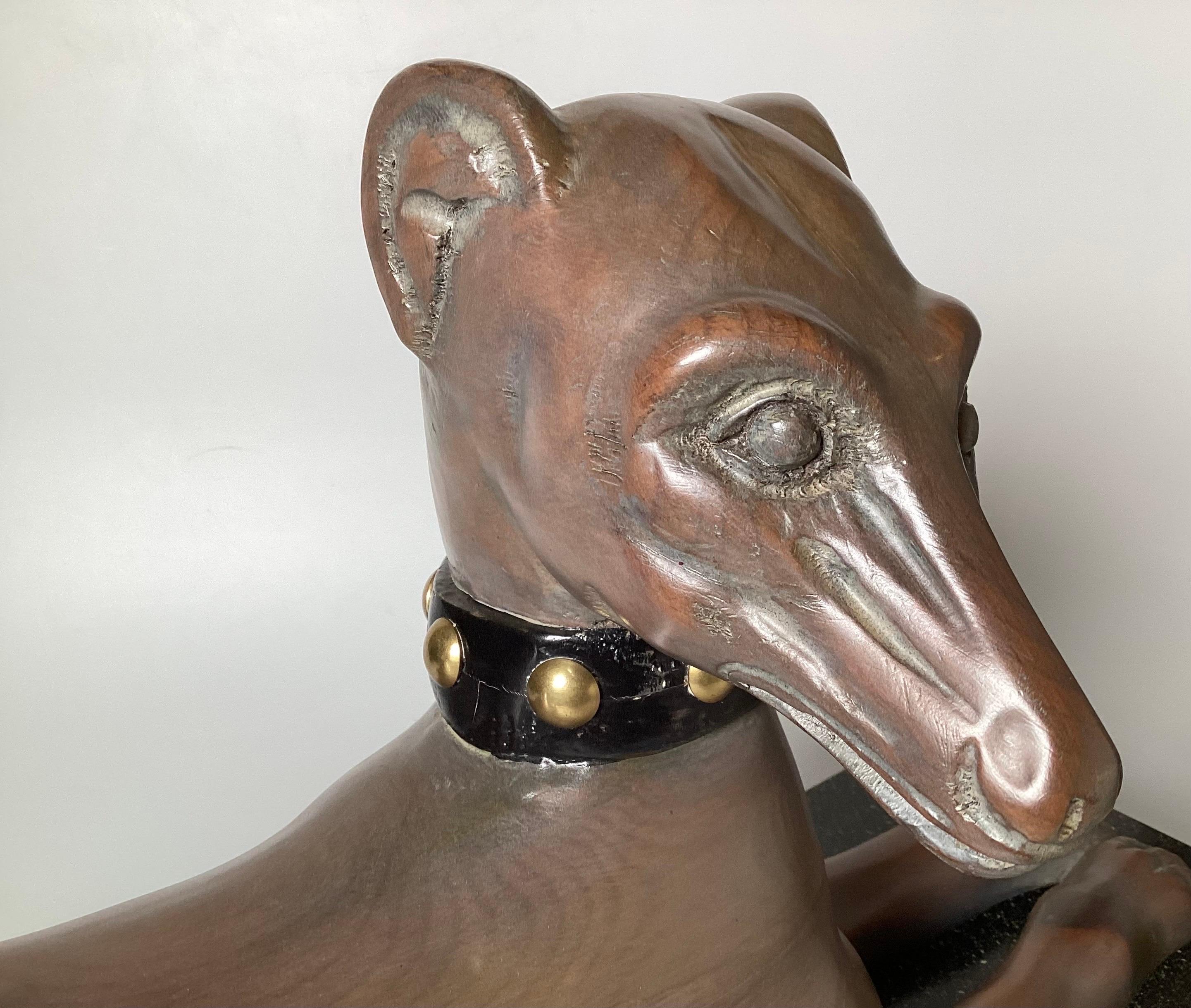 MId Century Hand Carved Wood Whippet Sculpture on Base For Sale 1