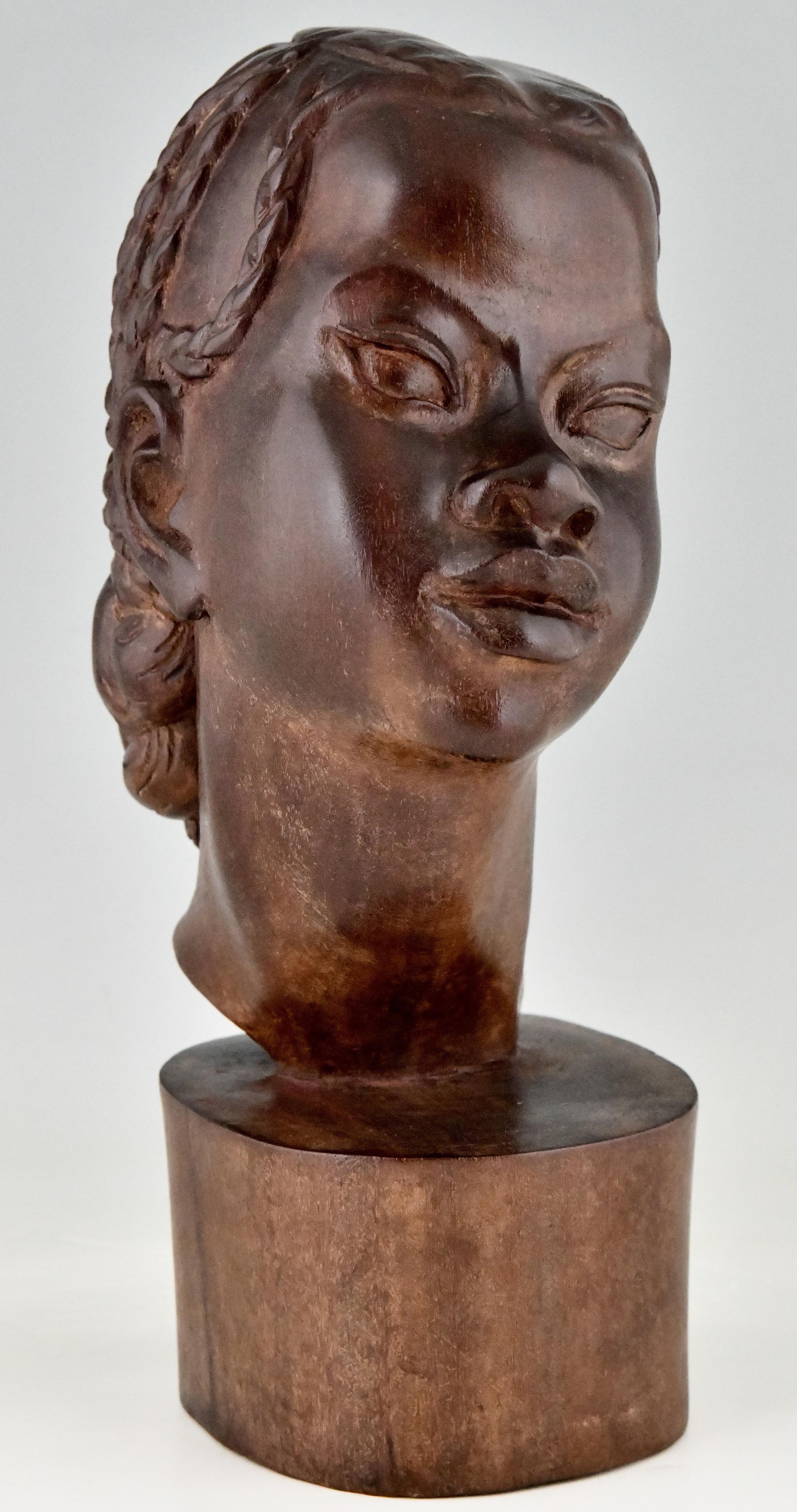 Mid-Century Modern Mid Century Hand Carved Wooden Sculpture African Beauty A. Ramarson 1959 For Sale