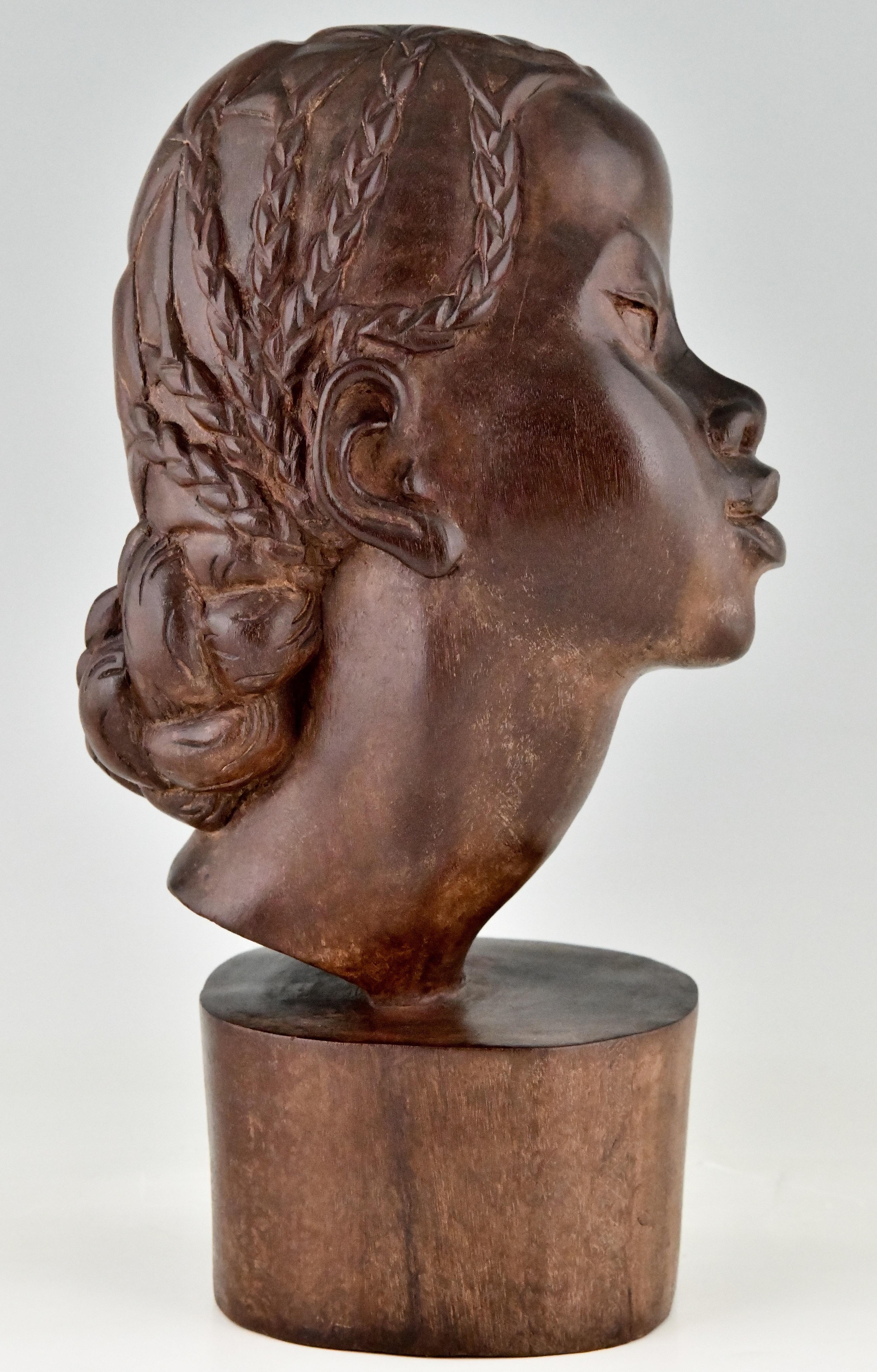French Mid Century Hand Carved Wooden Sculpture African Beauty A. Ramarson 1959 For Sale